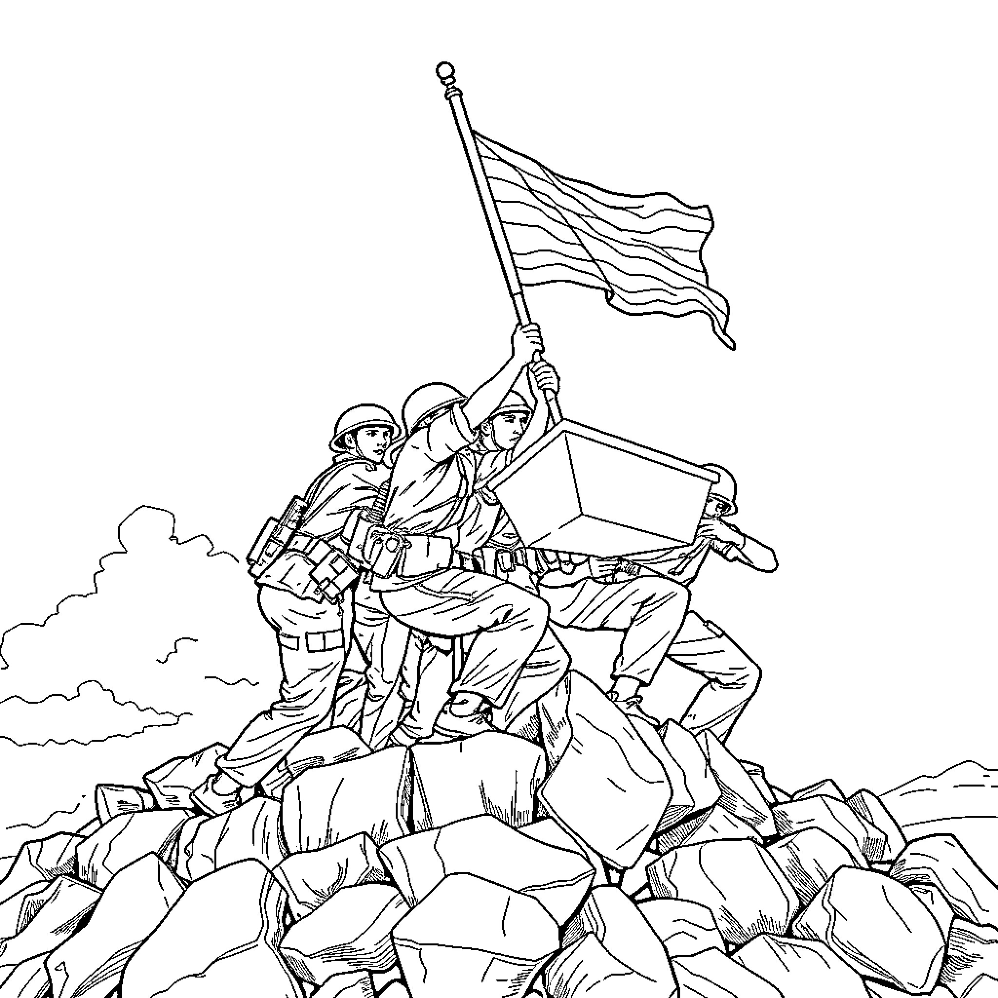 Marine soldiers raising flag on rocky terrain Coloring Page (free black-and-white line drawing printable PDF for all, from beginners to advanced learners, including children, teens, adults, and seniors)