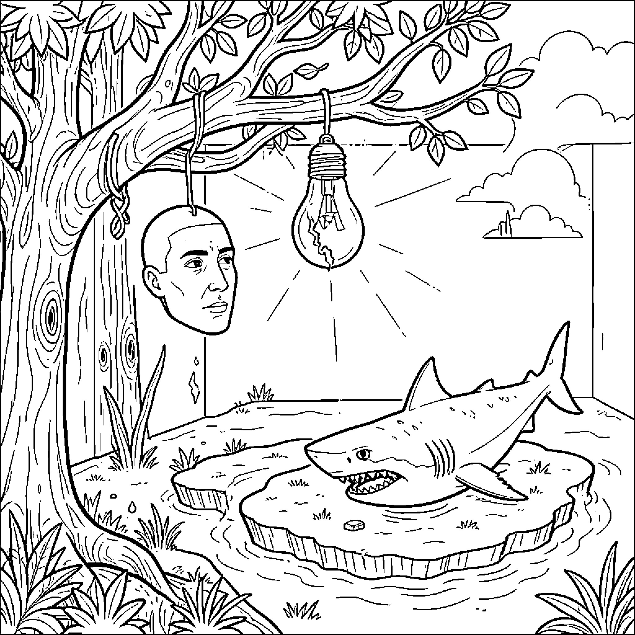 Head hanging from a tree near a shark Coloring Page (free black-and-white line drawing printable PDF for all, from beginners to advanced learners, including children, teens, adults, and seniors)