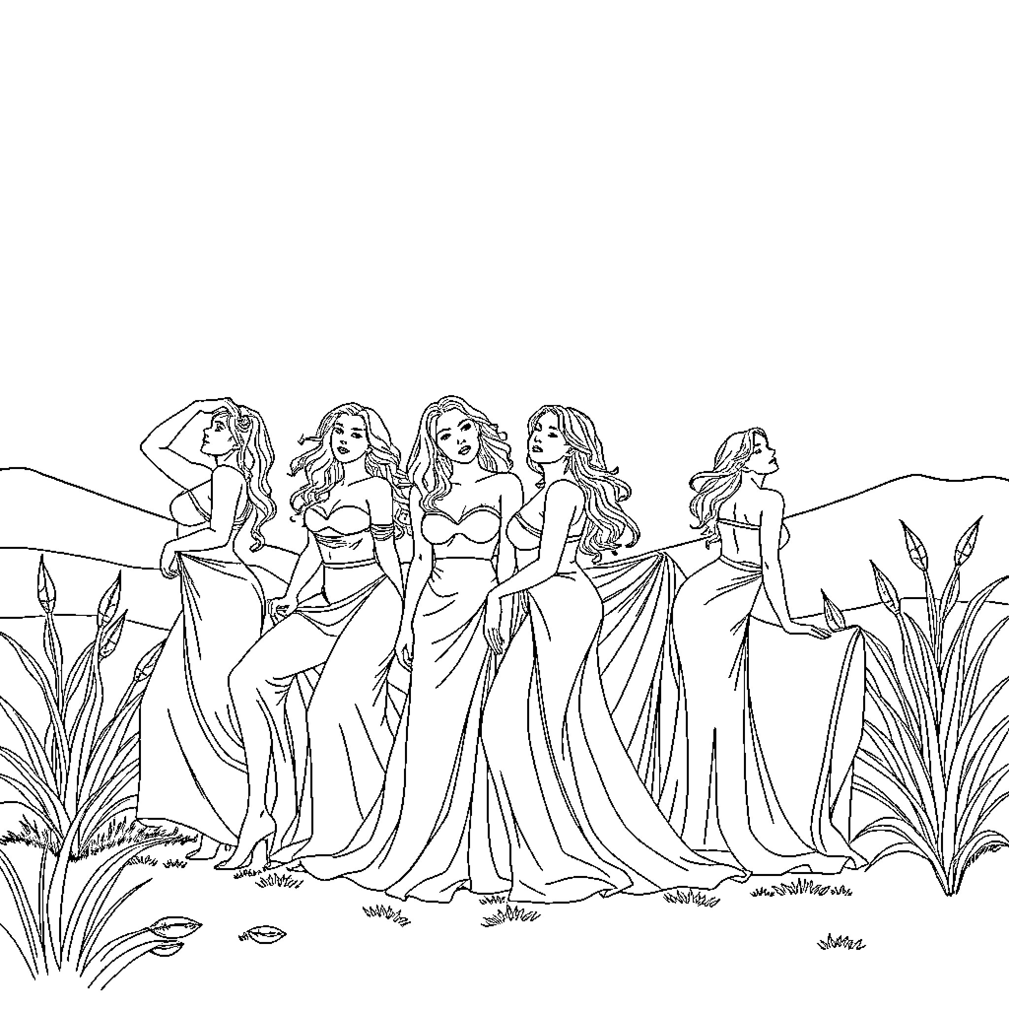 Woman in traditional dance outfits posing in natural setting Coloring Page (free black-and-white line drawing printable PDF for all, from beginners to advanced learners, including children, teens, adults, and seniors)