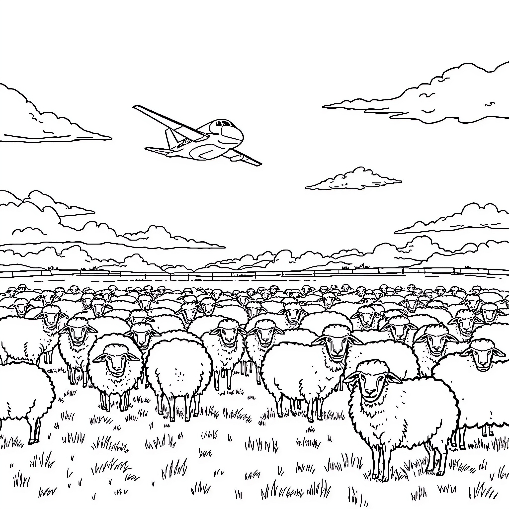 Plane flying over flock of sheep in rural landscape Coloring Page (free black-and-white line drawing printable PDF for all, from beginners to advanced learners, including children, teens, adults, and seniors)