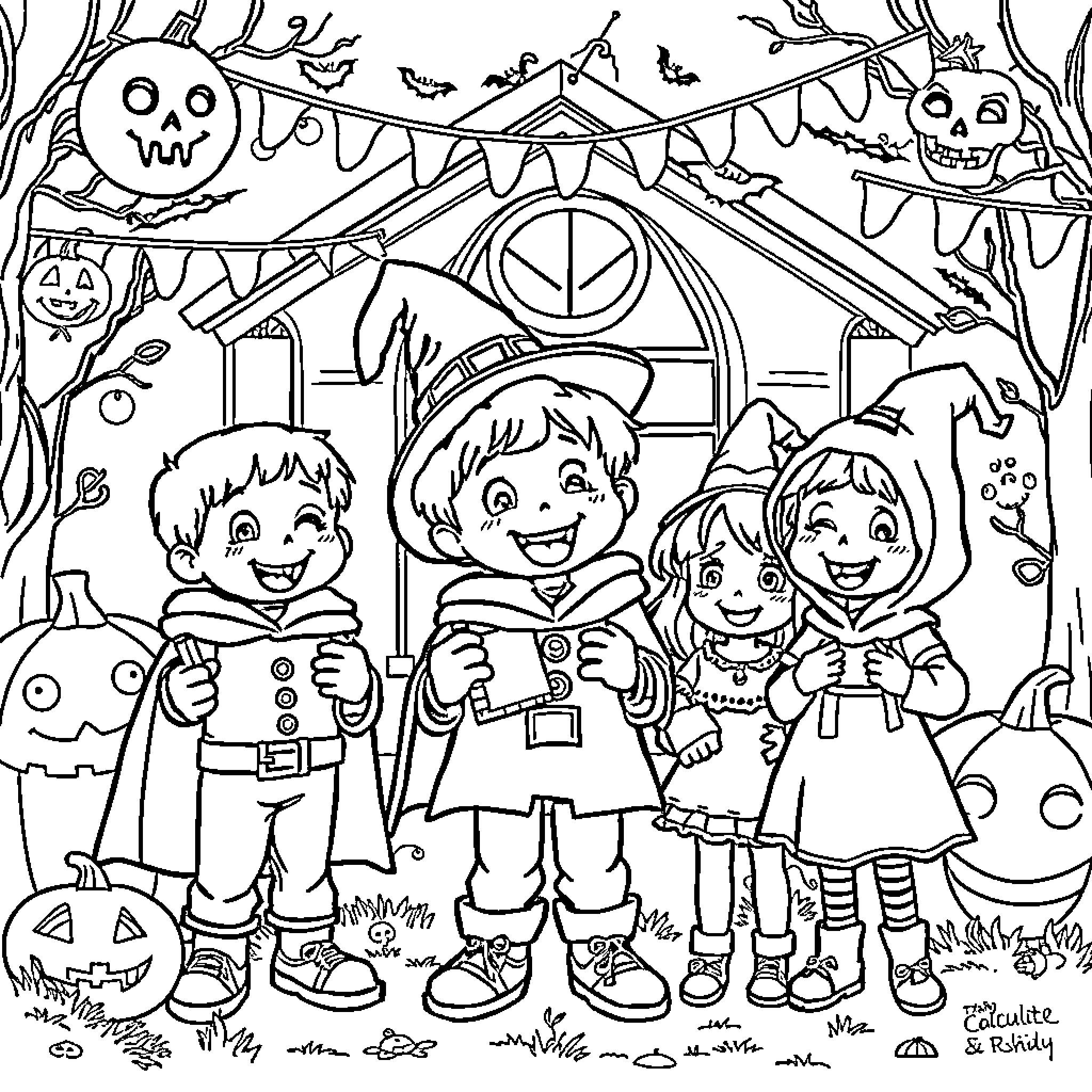 Halloween Party Fun with Costumed Children Coloring Page (free black-and-white line drawing printable PDF for all, from beginners to advanced learners, including children, teens, adults, and seniors)