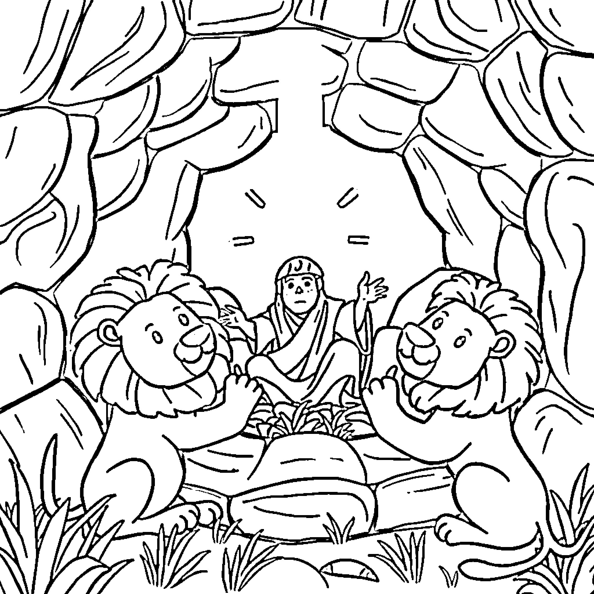 Daniel's Adventures with Playful Lions in the Wilderness Coloring Page (free black-and-white line drawing printable PDF for all, from beginners to advanced learners, including children, teens, adults, and seniors)