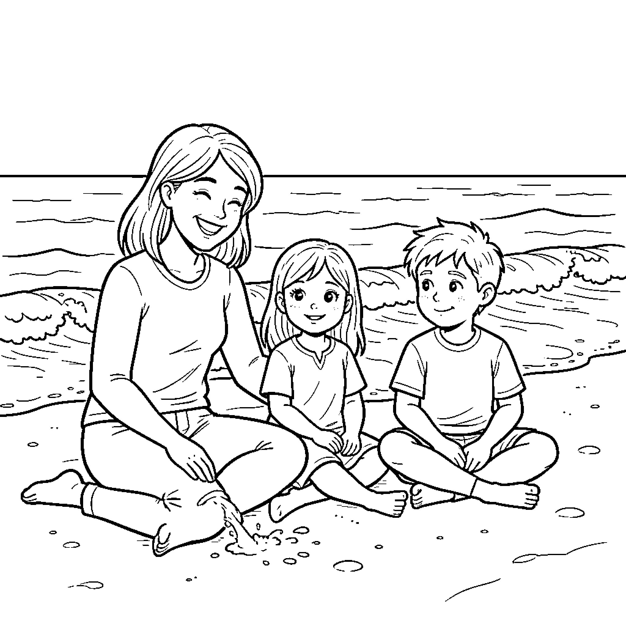 Mother and Child Enjoying a Beach Day Together Coloring Page (free black-and-white line drawing printable PDF for all, from beginners to advanced learners, including children, teens, adults, and seniors)