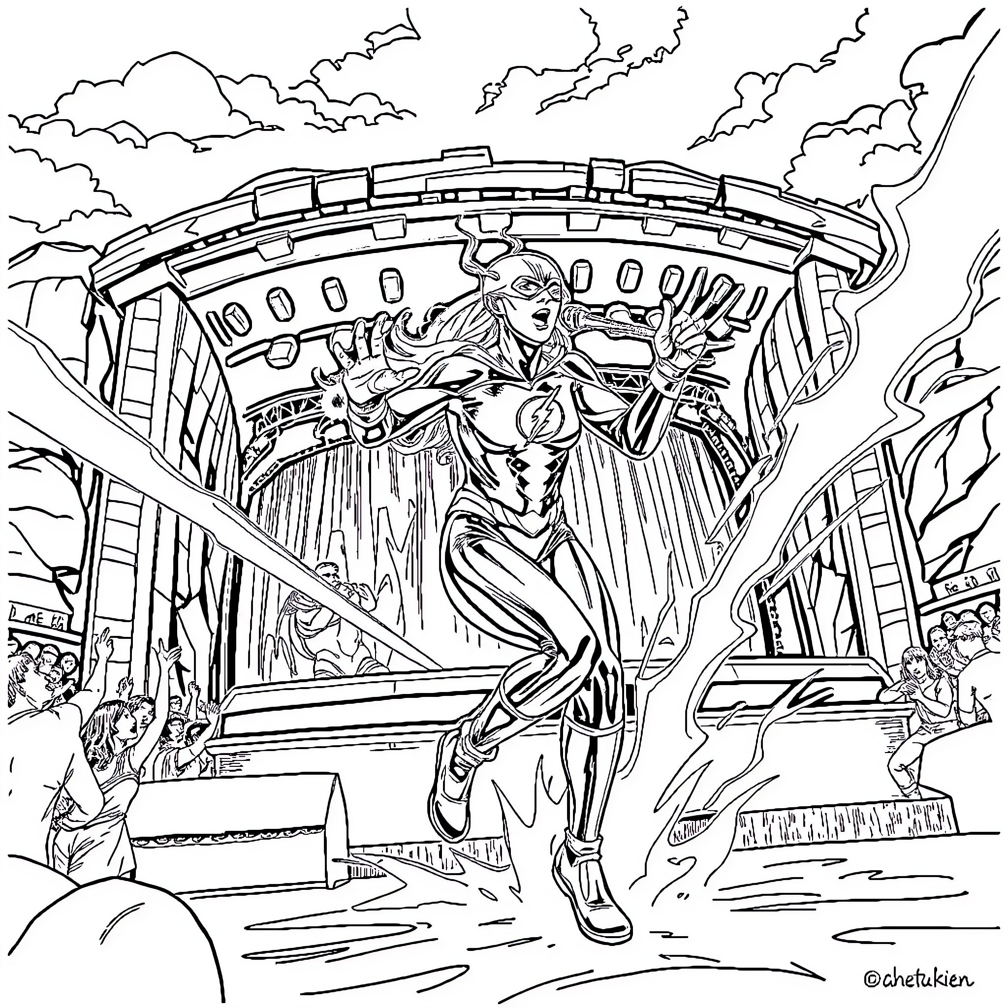 Flash Racing Through the City Streets Coloring Page (free black-and-white line drawing printable PDF for all, from beginners to advanced learners, including children, teens, adults, and seniors)