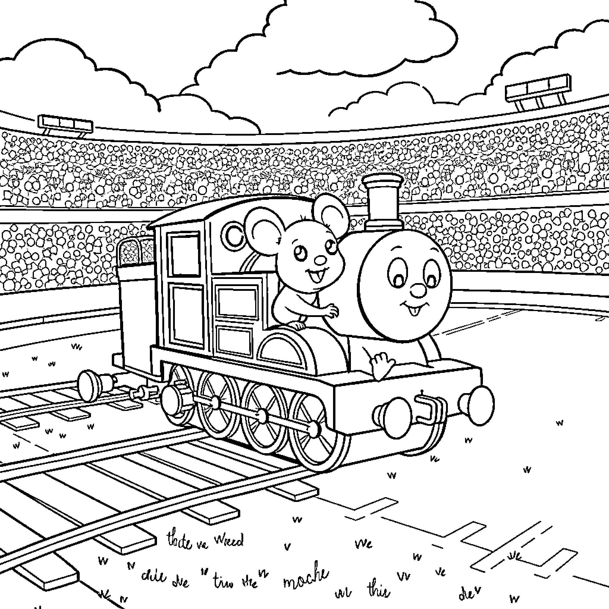 Mouse characters riding a toy train on railway tracks Coloring Page (free black-and-white line drawing printable PDF for all, from beginners to advanced learners, including children, teens, adults, and seniors)