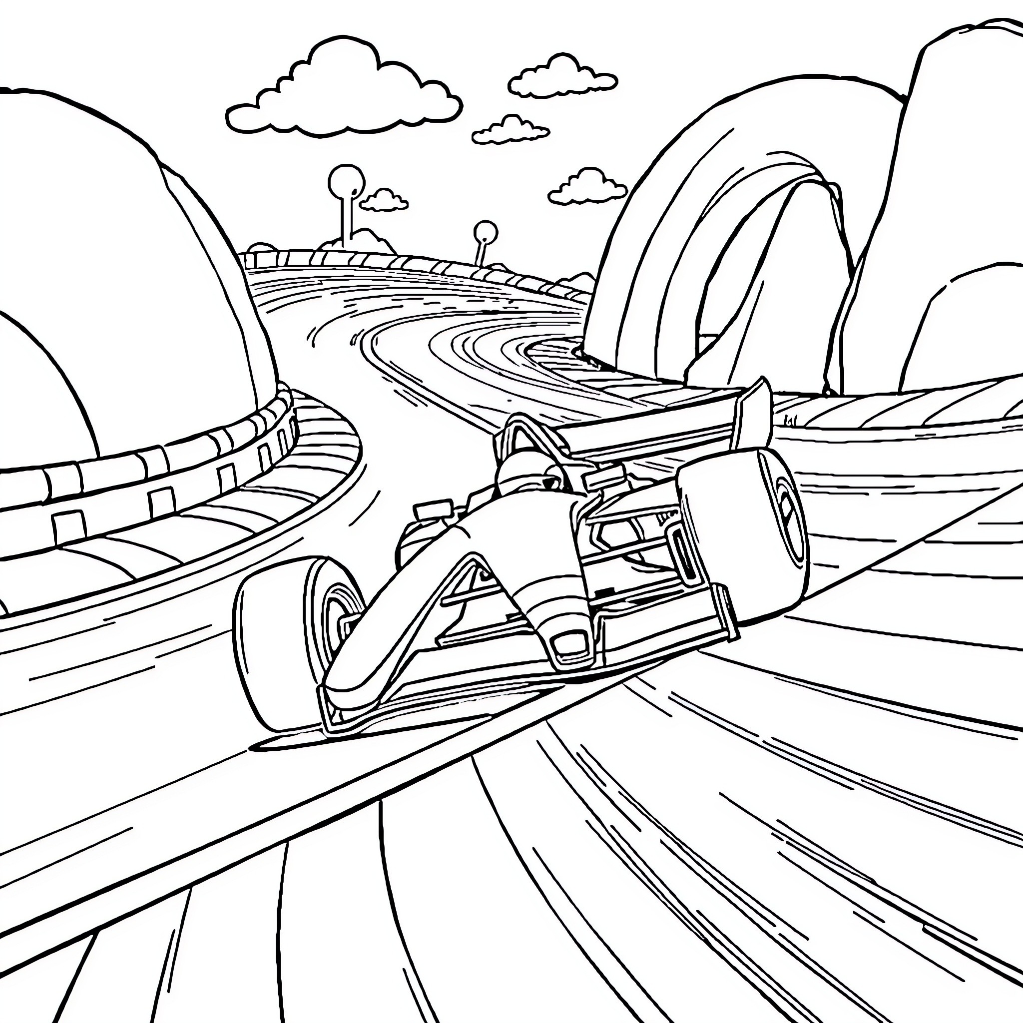 Formula 1 Car Racing on Winding Track Coloring Page (free black-and-white line drawing printable PDF for all, from beginners to advanced learners, including children, teens, adults, and seniors)