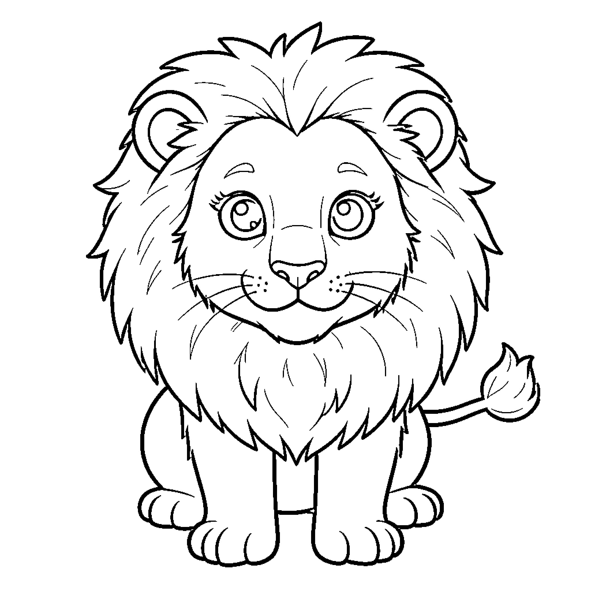 Lion cheerfully smiling in simple illustration Coloring Page (free black-and-white line drawing printable PDF for all, from beginners to advanced learners, including children, teens, adults, and seniors)