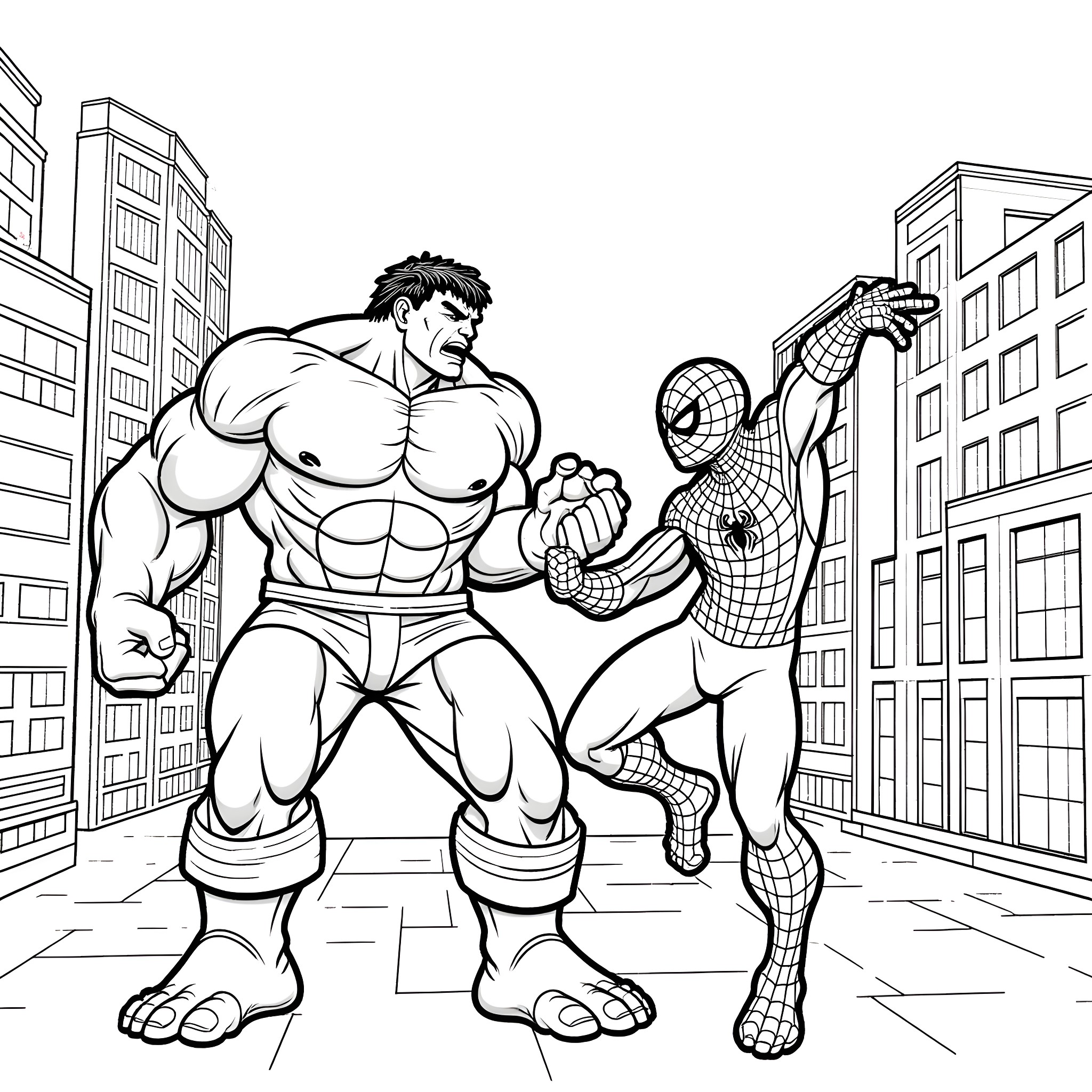 Hulk and Spider-Man Battle in the City Coloring Page (free black-and-white line drawing printable PDF for all, from beginners to advanced learners, including children, teens, adults, and seniors)
