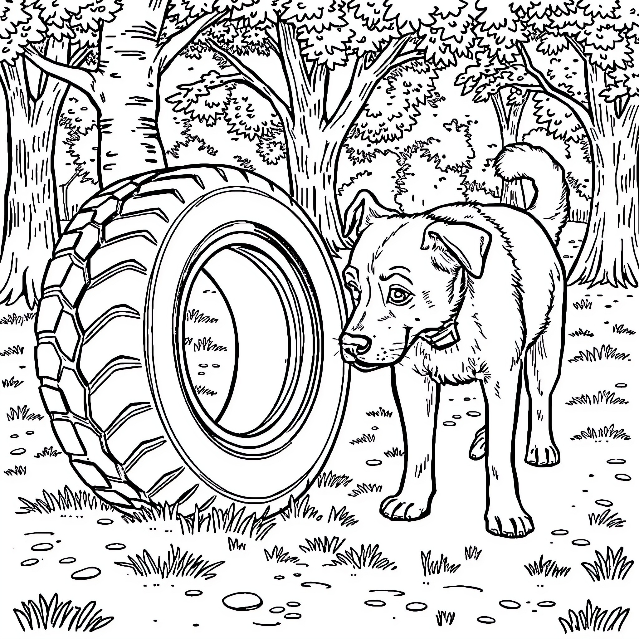 Dog exploring tire in forest Coloring Page (free black-and-white line drawing printable PDF for all, from beginners to advanced learners, including children, teens, adults, and seniors)
