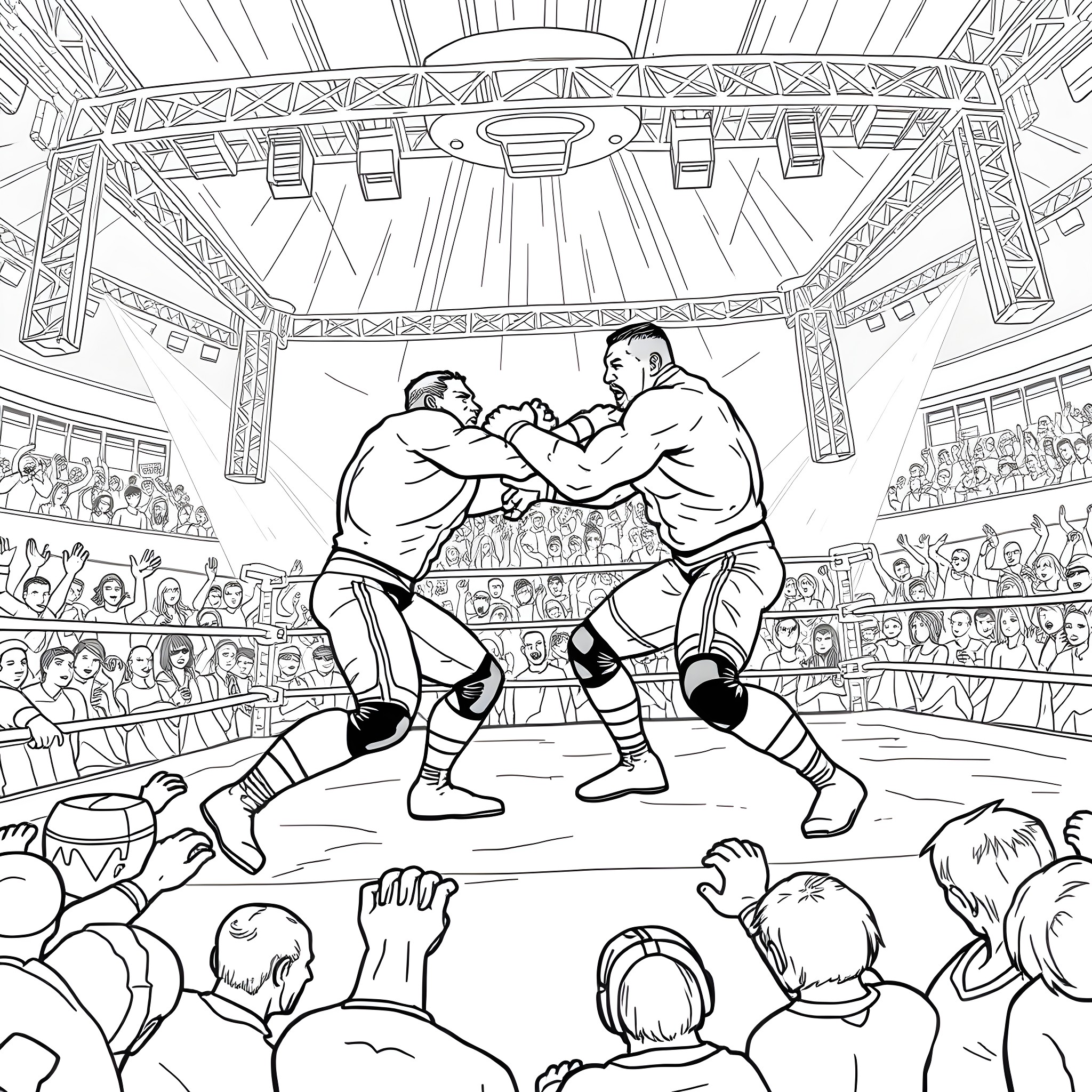 Wrestler's intense match in a crowded stadium Coloring Page (free black-and-white line drawing printable PDF for all, from beginners to advanced learners, including children, teens, adults, and seniors)