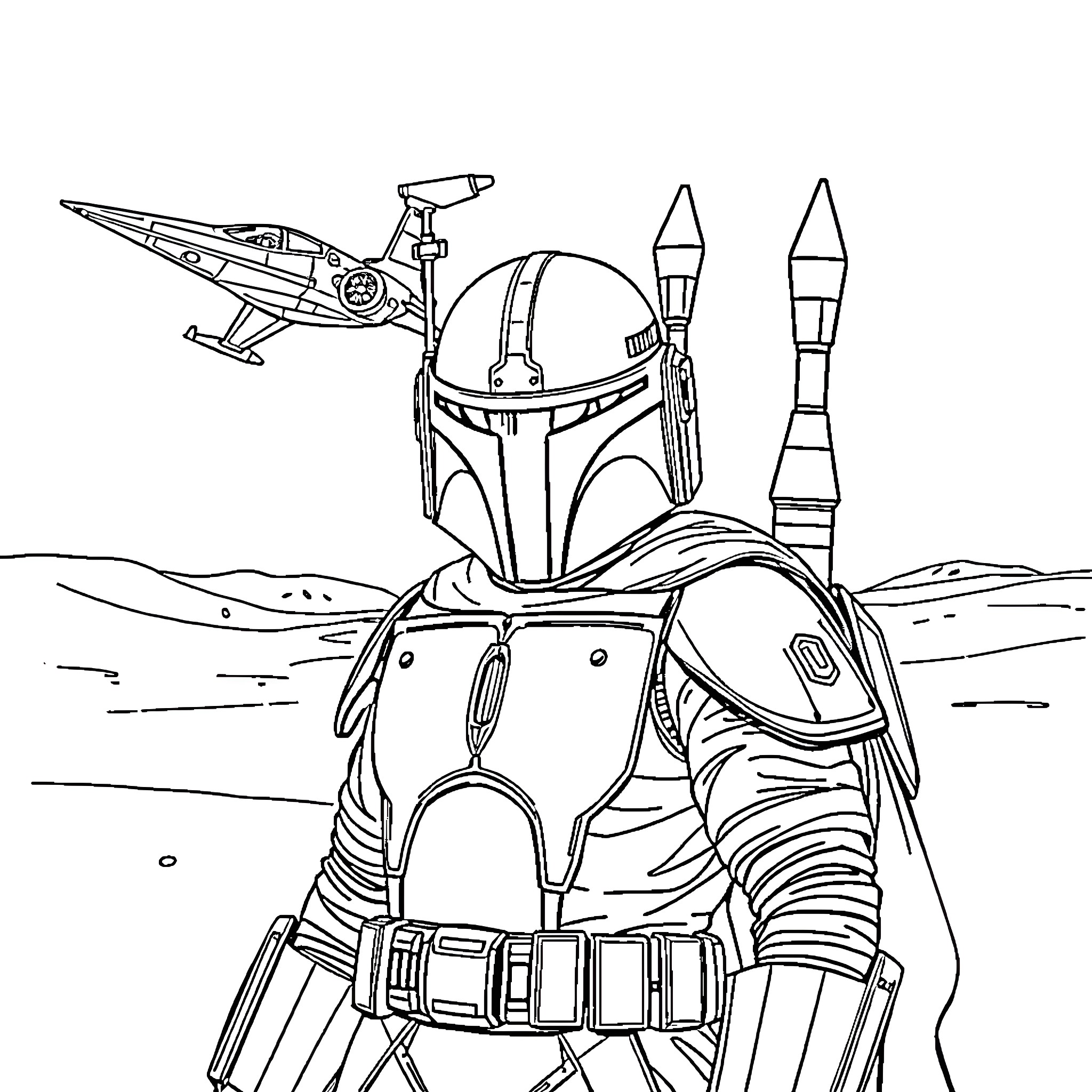 Boba Fett in action on a distant planet Coloring Page (free black-and-white line drawing printable PDF for all, from beginners to advanced learners, including children, teens, adults, and seniors)