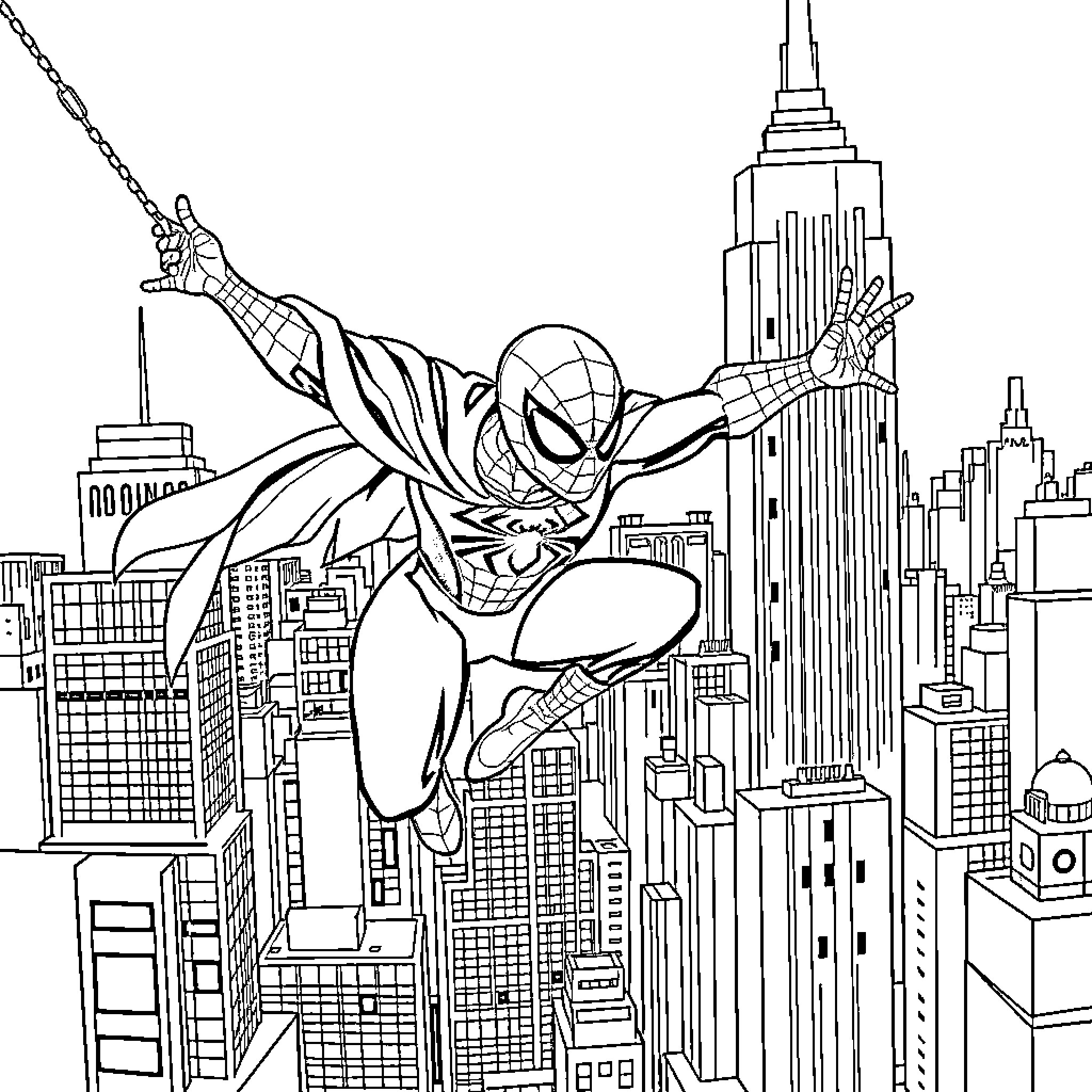 Spiderman swinging through the city skyline Coloring Page (free black-and-white line drawing printable PDF for all, from beginners to advanced learners, including children, teens, adults, and seniors)