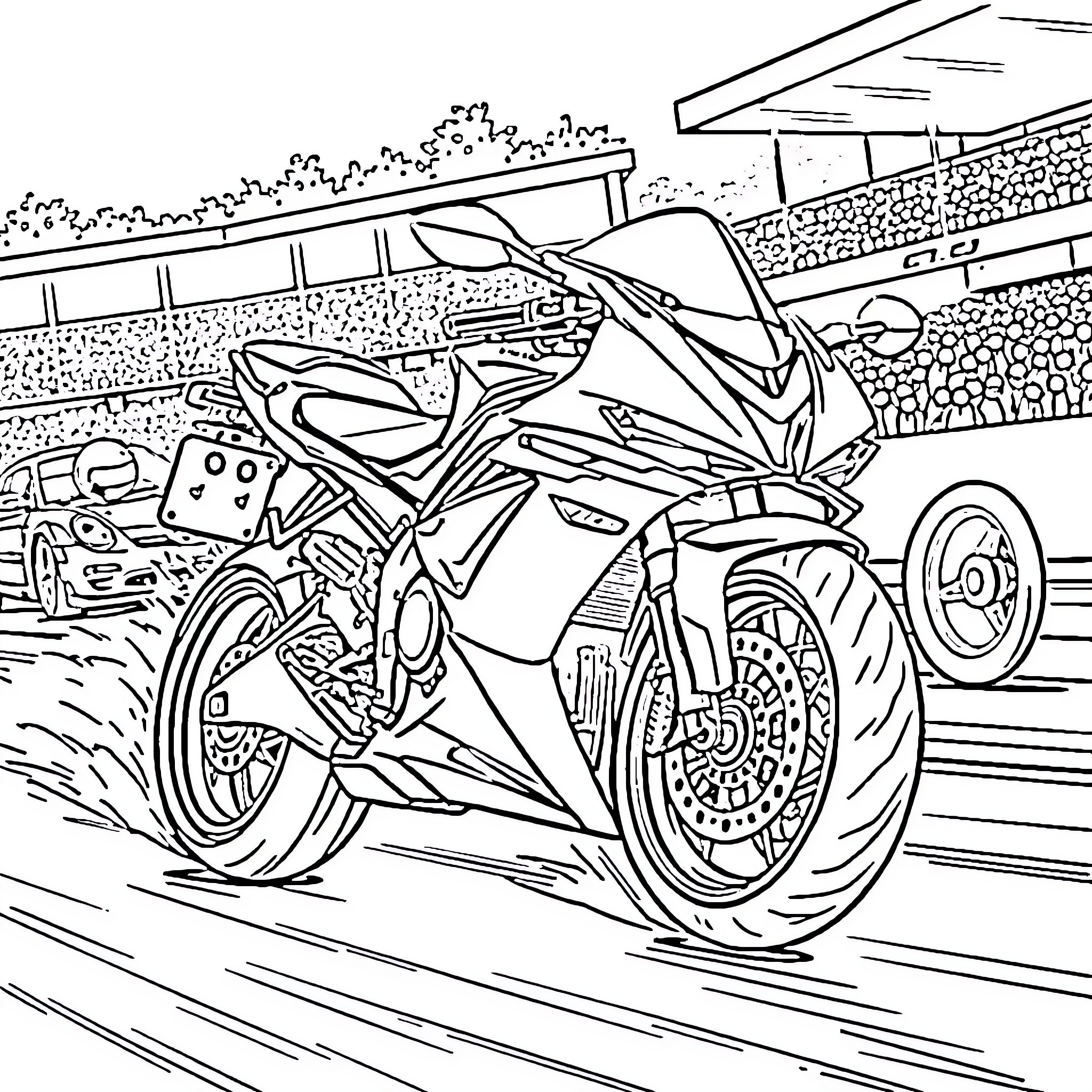 Motorcycle speeding on the racetrack Coloring Page (free black-and-white line drawing printable PDF for all, from beginners to advanced learners, including children, teens, adults, and seniors)