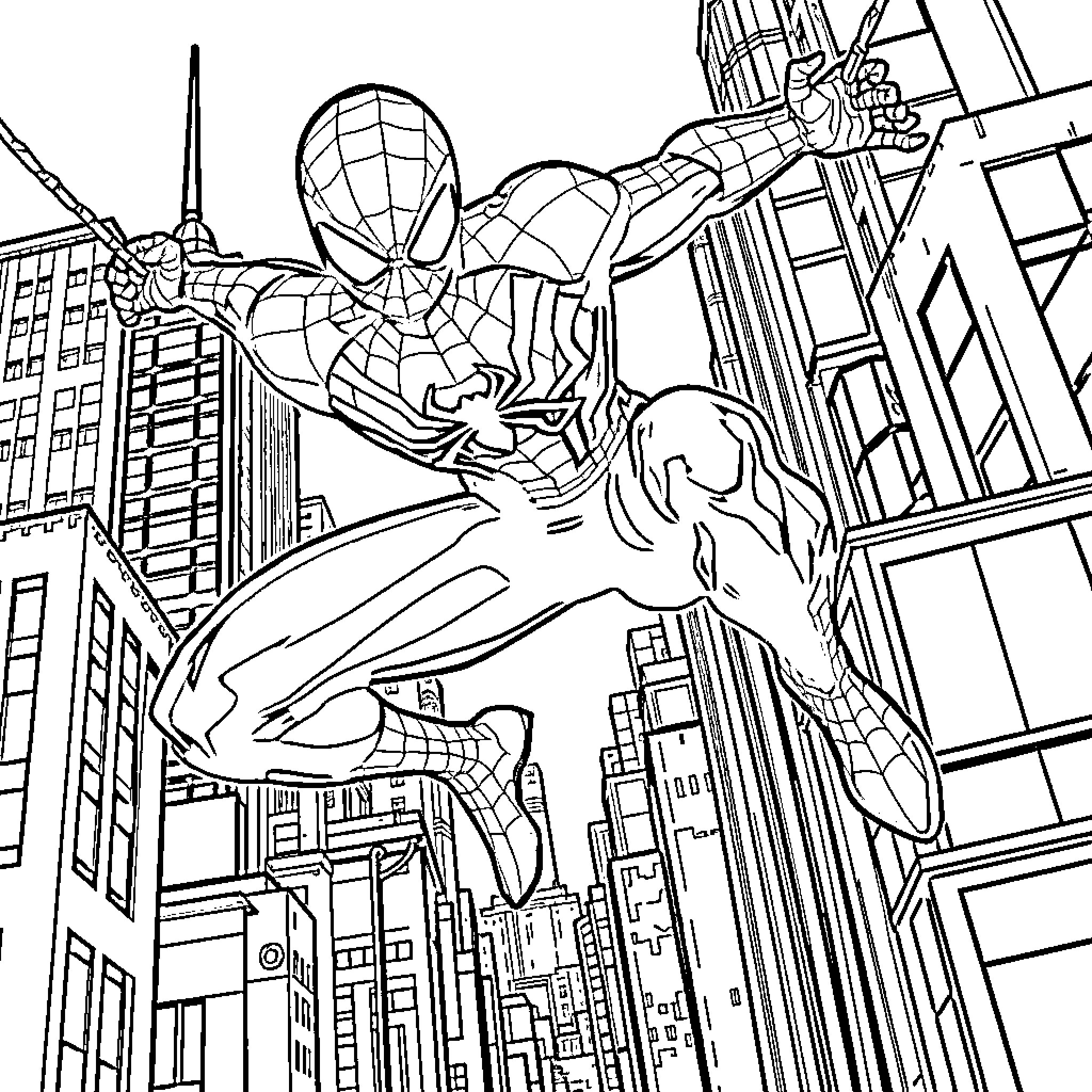 Cody Rhodes swinging through the city skyline Coloring Page (free black-and-white line drawing printable PDF for all, from beginners to advanced learners, including children, teens, adults, and seniors)