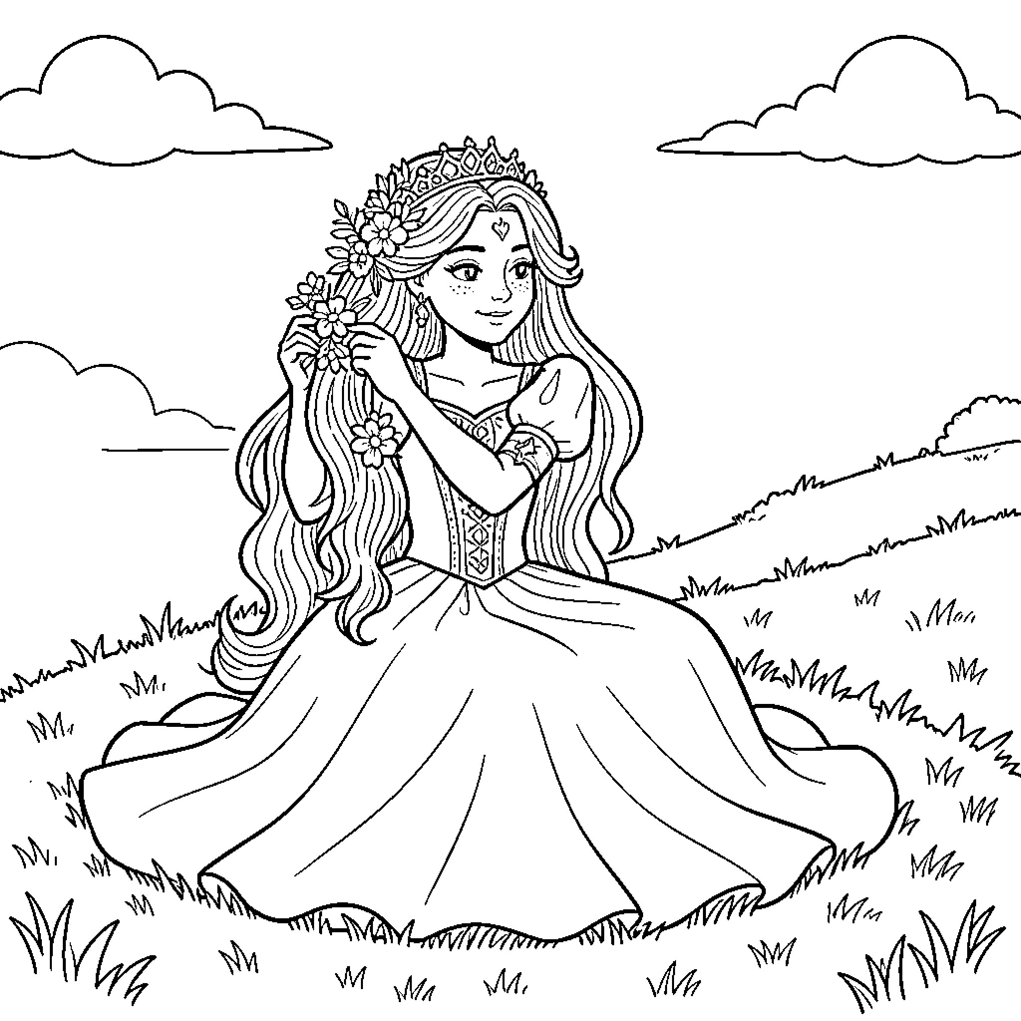 Princess sitting in a meadow wearing a flower crown Coloring Page (free black-and-white line drawing printable PDF for all, from beginners to advanced learners, including children, teens, adults, and seniors)