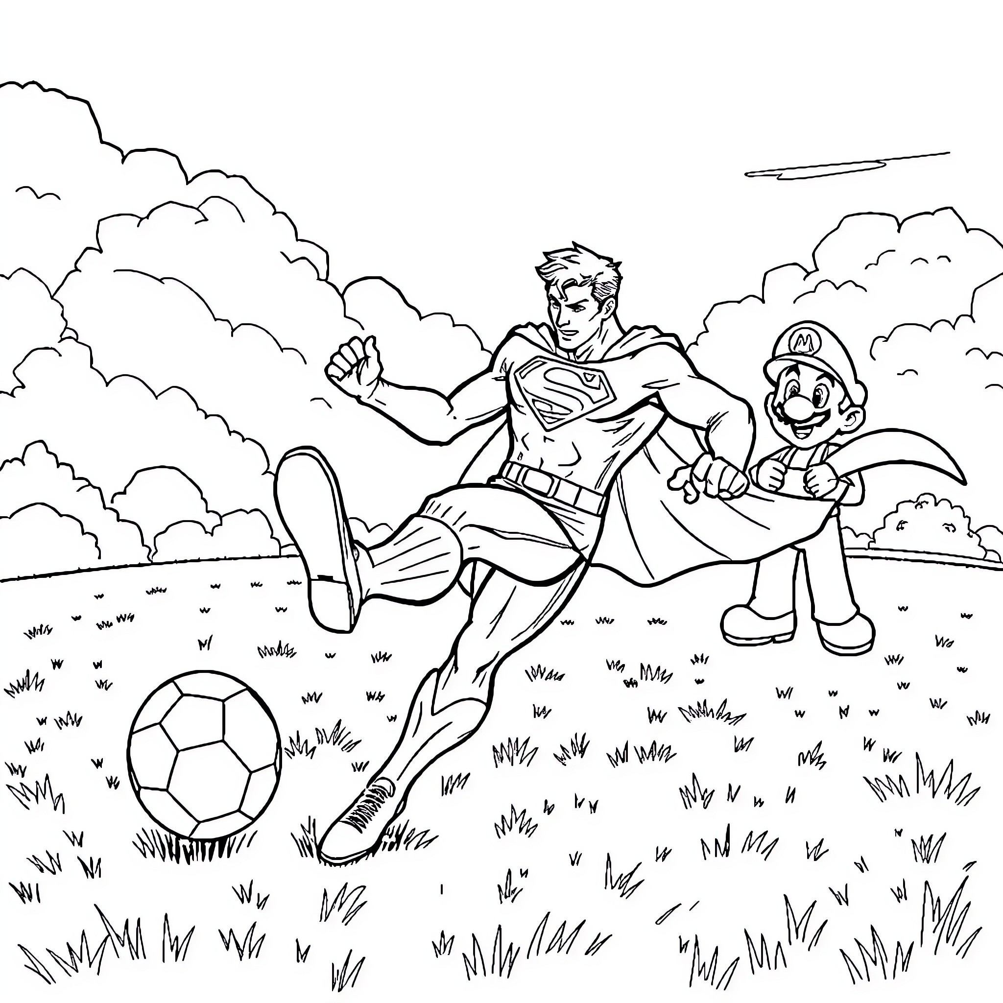 Superman and Mario playing soccer in a field Coloring Page (free black-and-white line drawing printable PDF for all, from beginners to advanced learners, including children, teens, adults, and seniors)