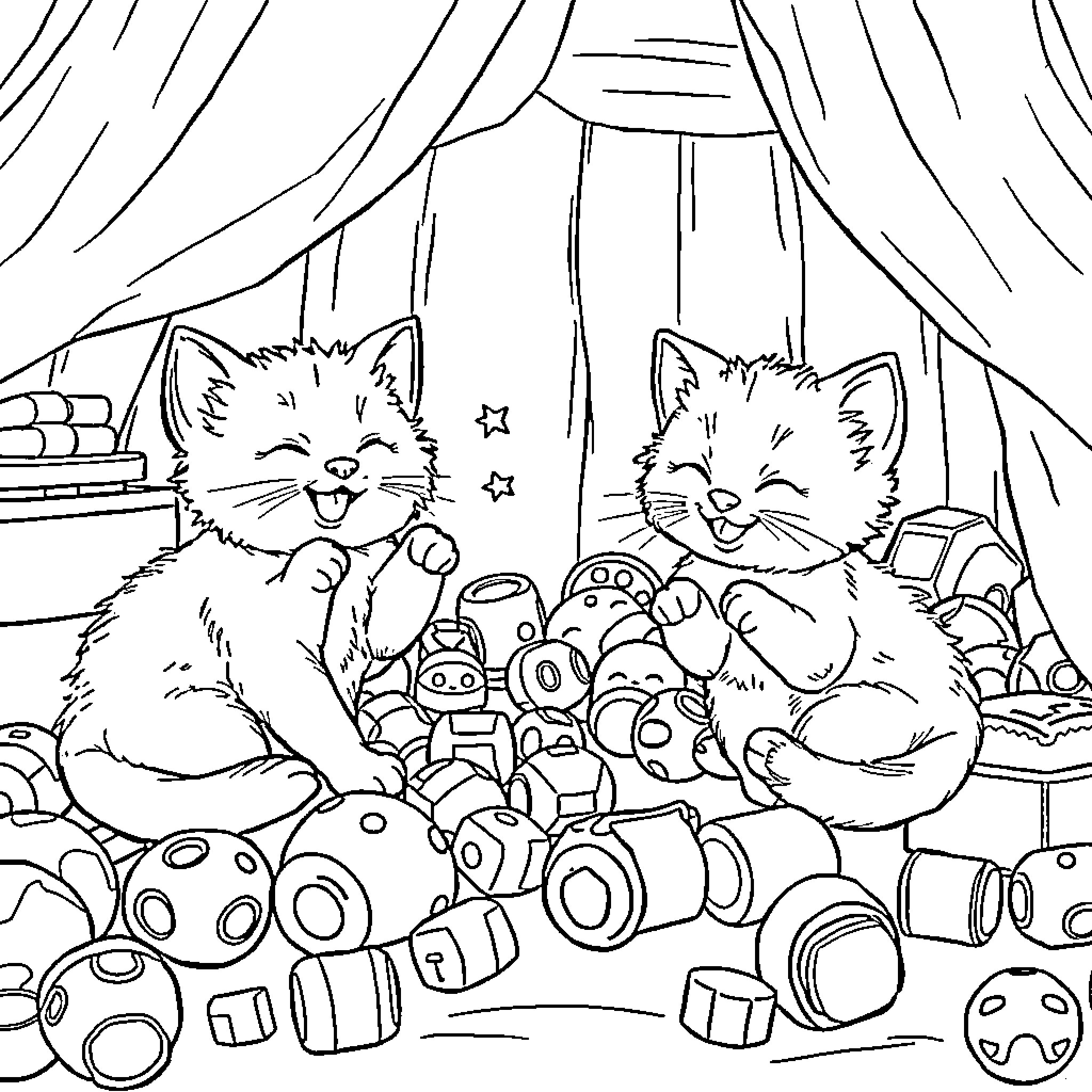 Kittens playing with toys in cozy room Coloring Page (free black-and-white line drawing printable PDF for all, from beginners to advanced learners, including children, teens, adults, and seniors)