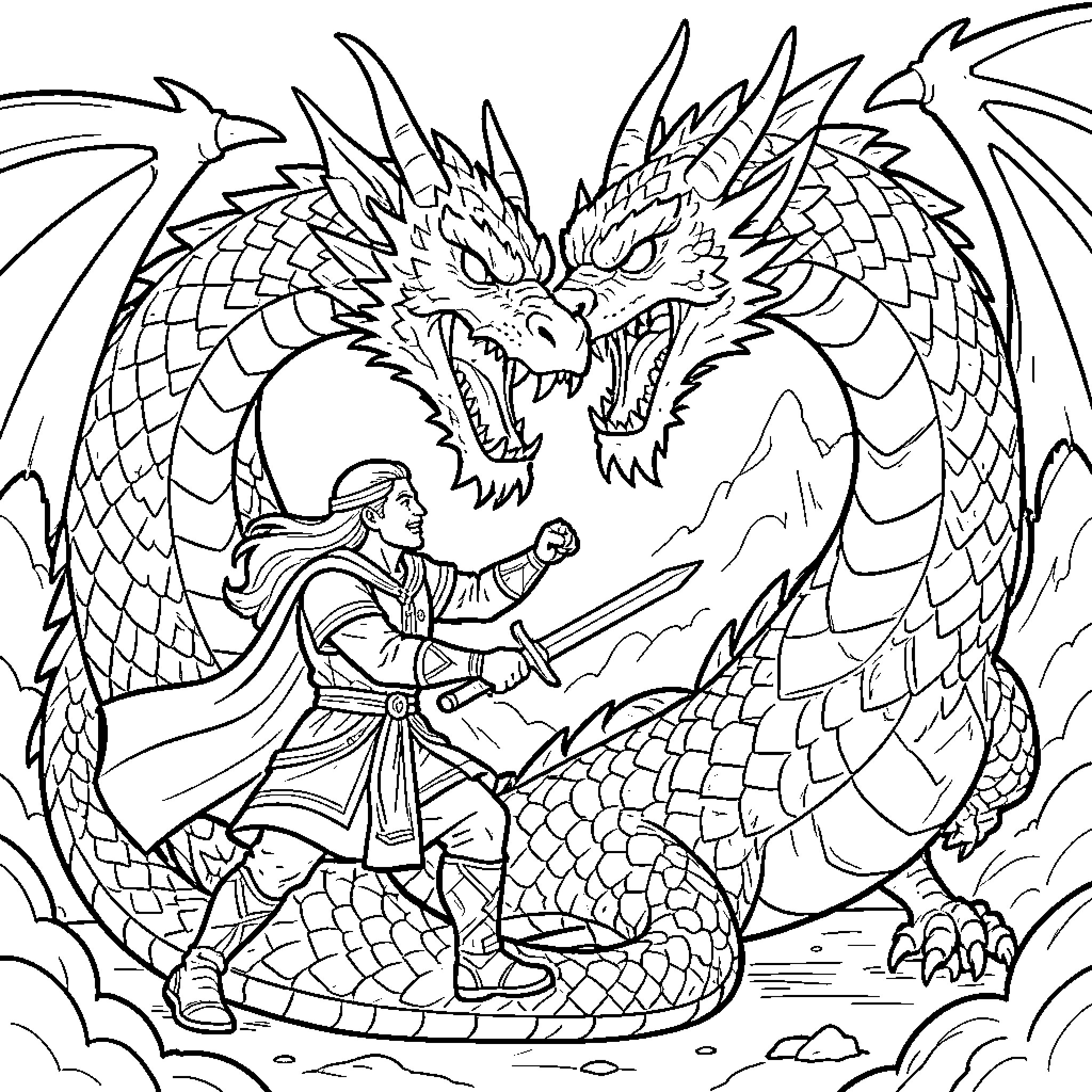 Saint George confronting the fierce dragon Coloring Page (free black-and-white line drawing printable PDF for all, from beginners to advanced learners, including children, teens, adults, and seniors)
