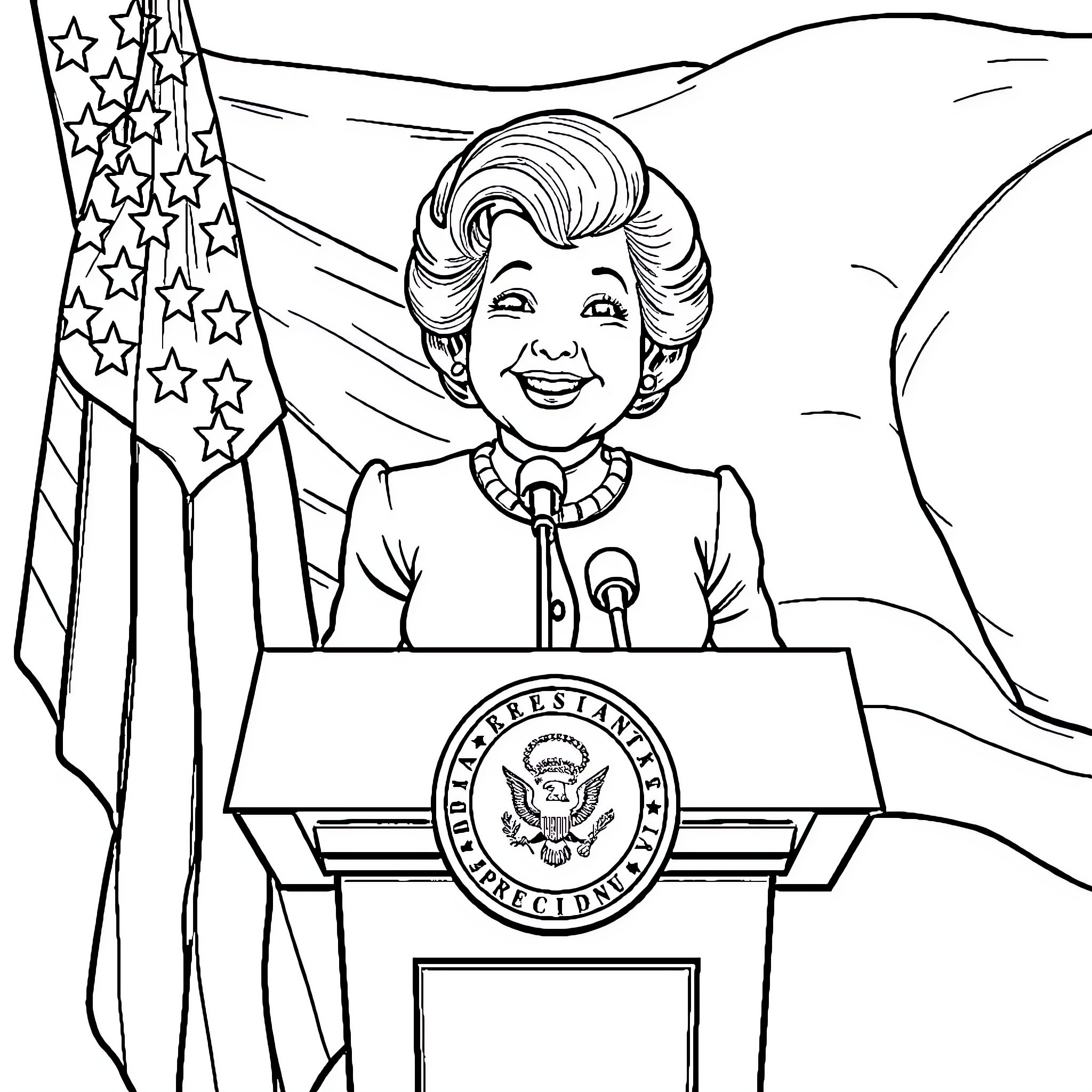 Betty White Delivers an Inspiring Speech at the Podium Coloring Page (free black-and-white line drawing printable PDF for all, from beginners to advanced learners, including children, teens, adults, and seniors)