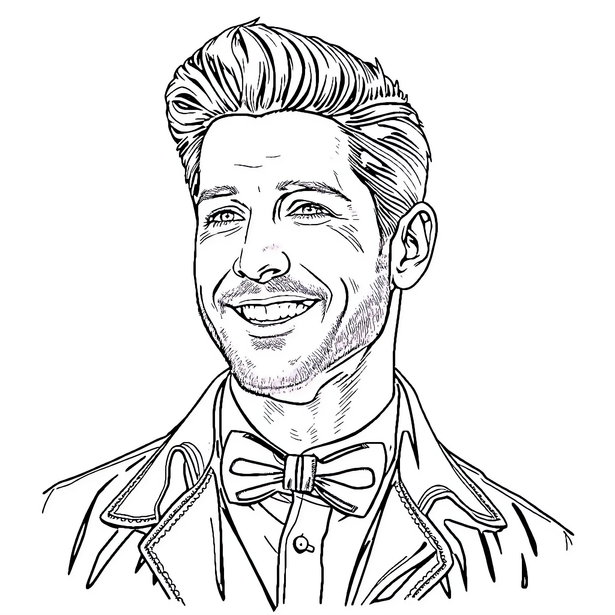 Jensen Ackles in Formal Attire with Bowtie Coloring Page (free black-and-white line drawing printable PDF for all, from beginners to advanced learners, including children, teens, adults, and seniors)