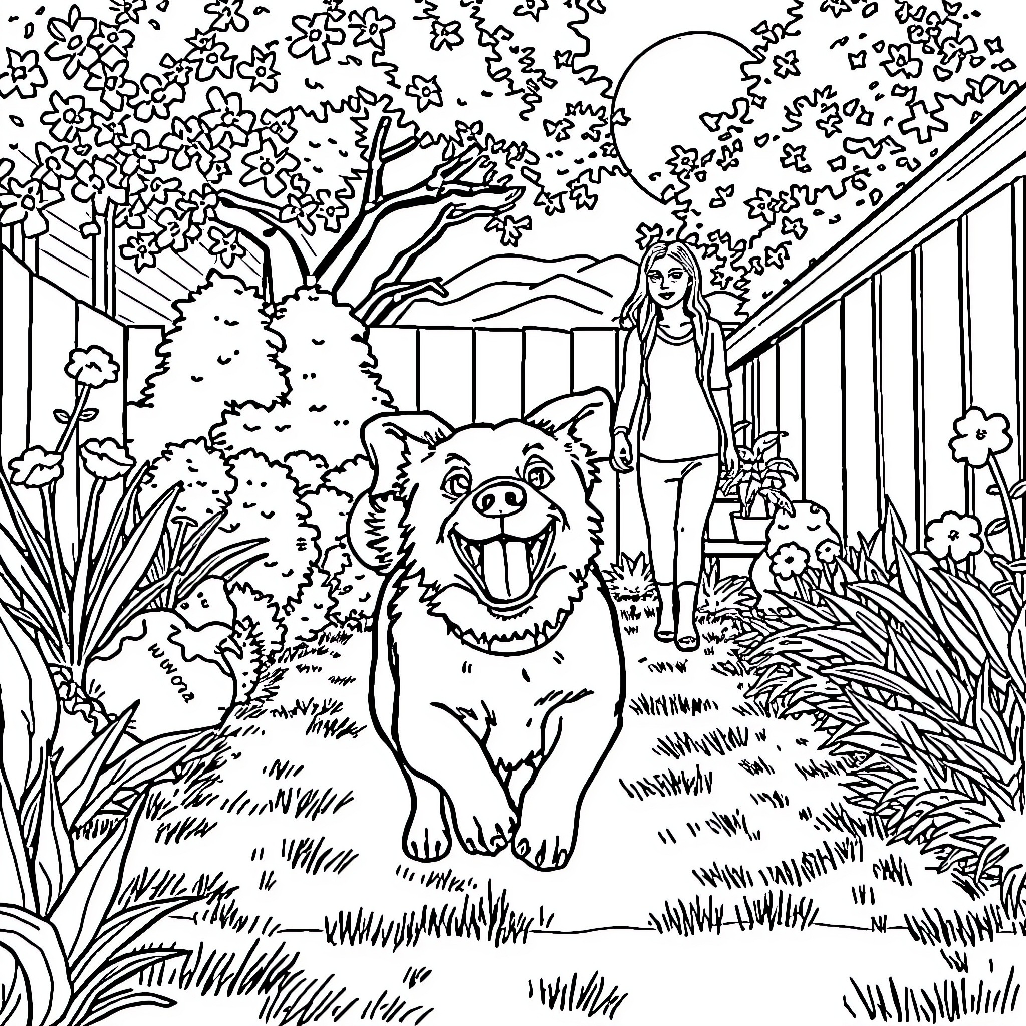 Dog playing happily with girl in the garden Coloring Page (free black-and-white line drawing printable PDF for all, from beginners to advanced learners, including children, teens, adults, and seniors)