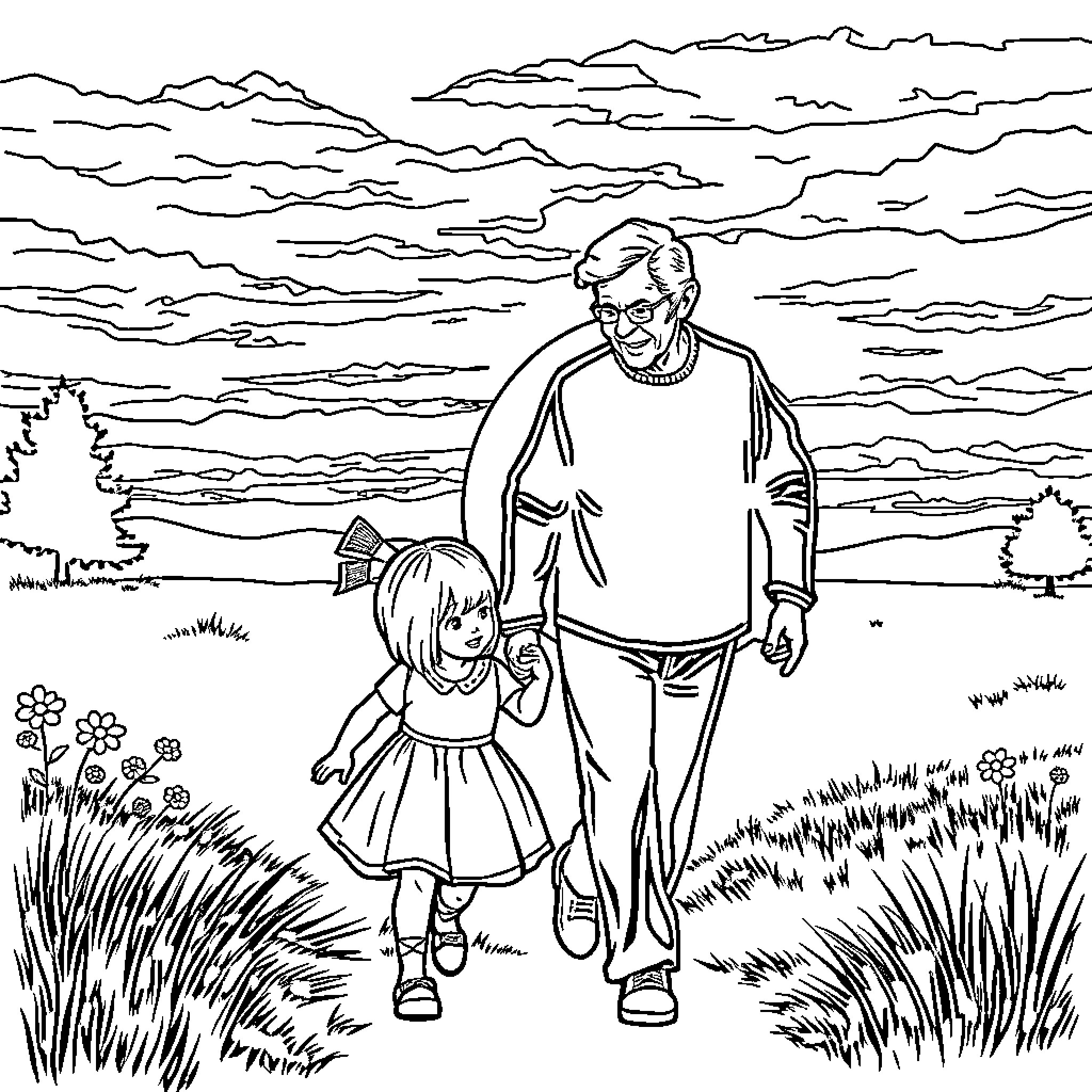Girl walking with elderly person in nature Coloring Page (free black-and-white line drawing printable PDF for all, from beginners to advanced learners, including children, teens, adults, and seniors)