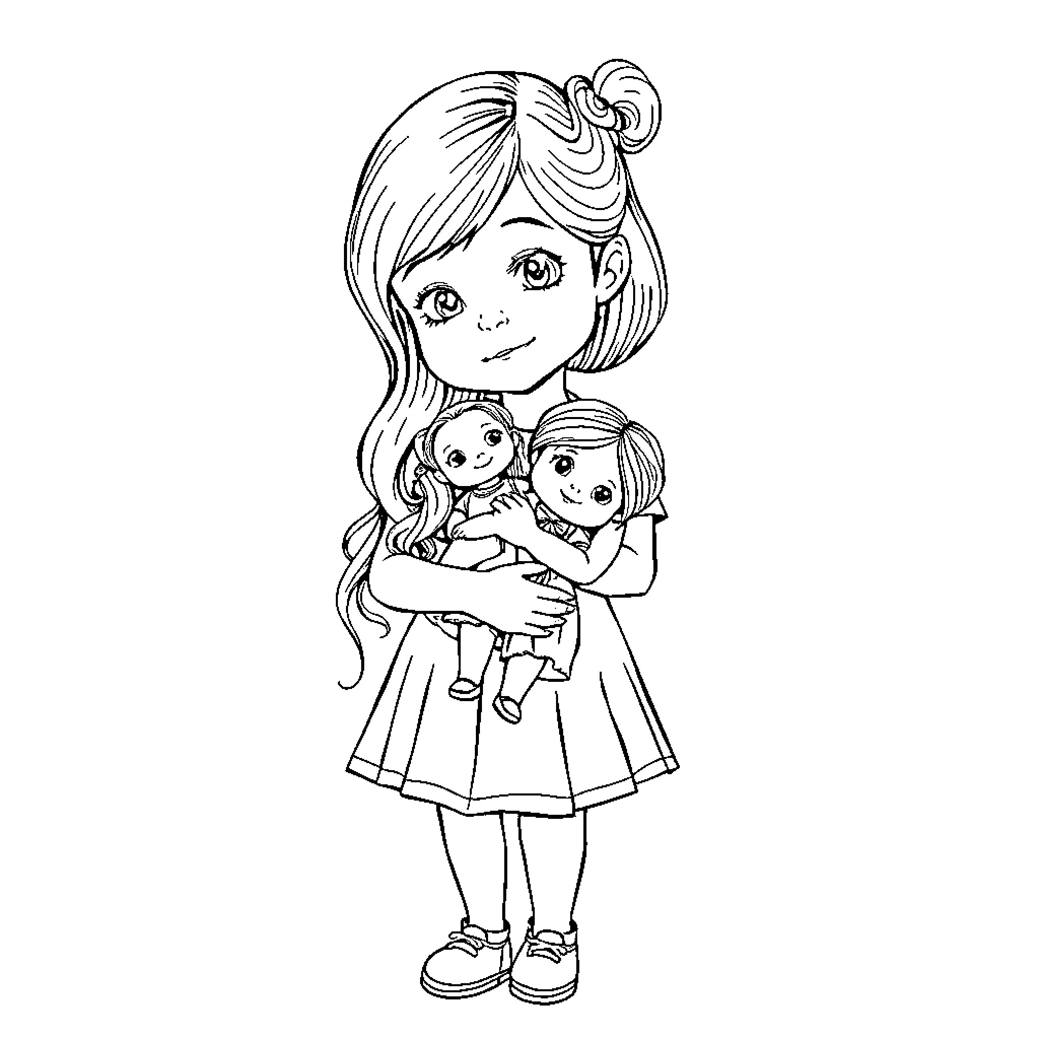 Girl holding dolls with caring expression Coloring Page (free black-and-white line drawing printable PDF for all, from beginners to advanced learners, including children, teens, adults, and seniors)