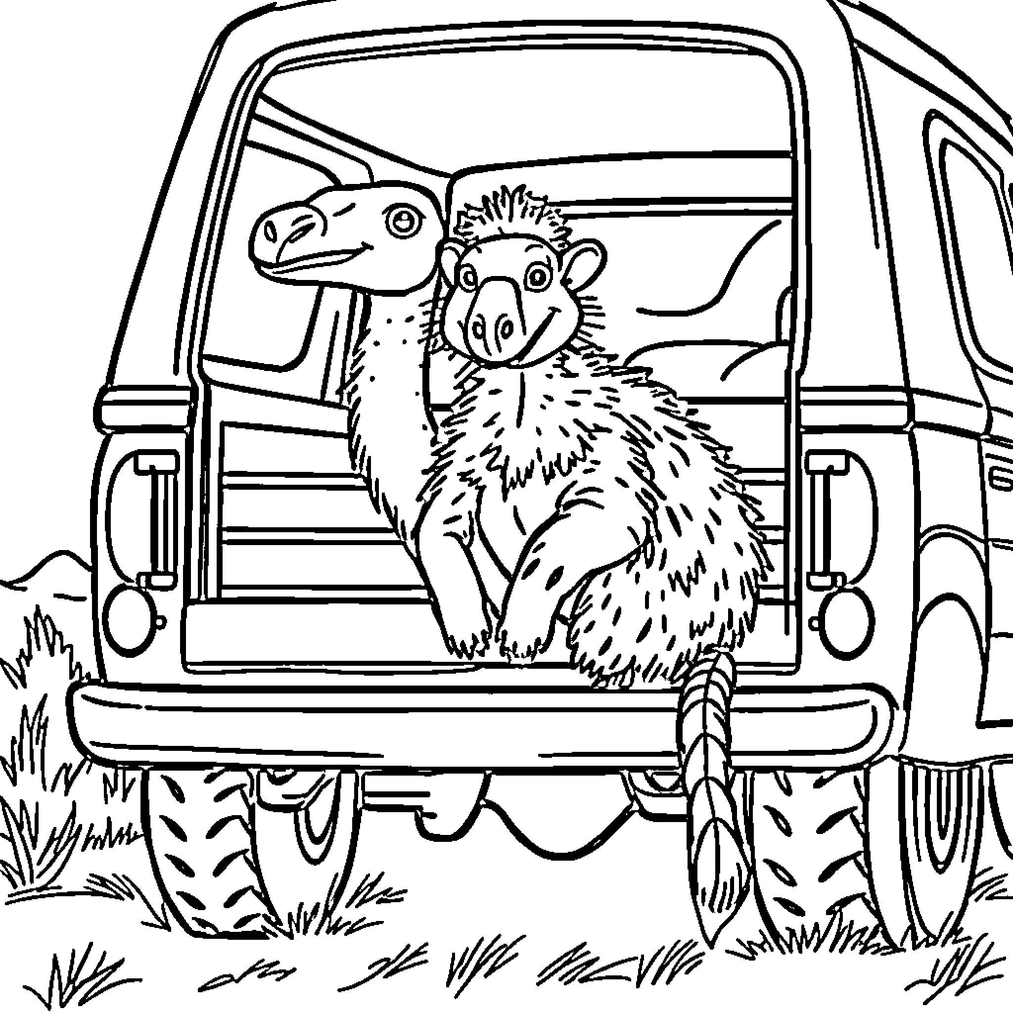 Anteater riding in the back of a van Coloring Page (free black-and-white line drawing printable PDF for all, from beginners to advanced learners, including children, teens, adults, and seniors)