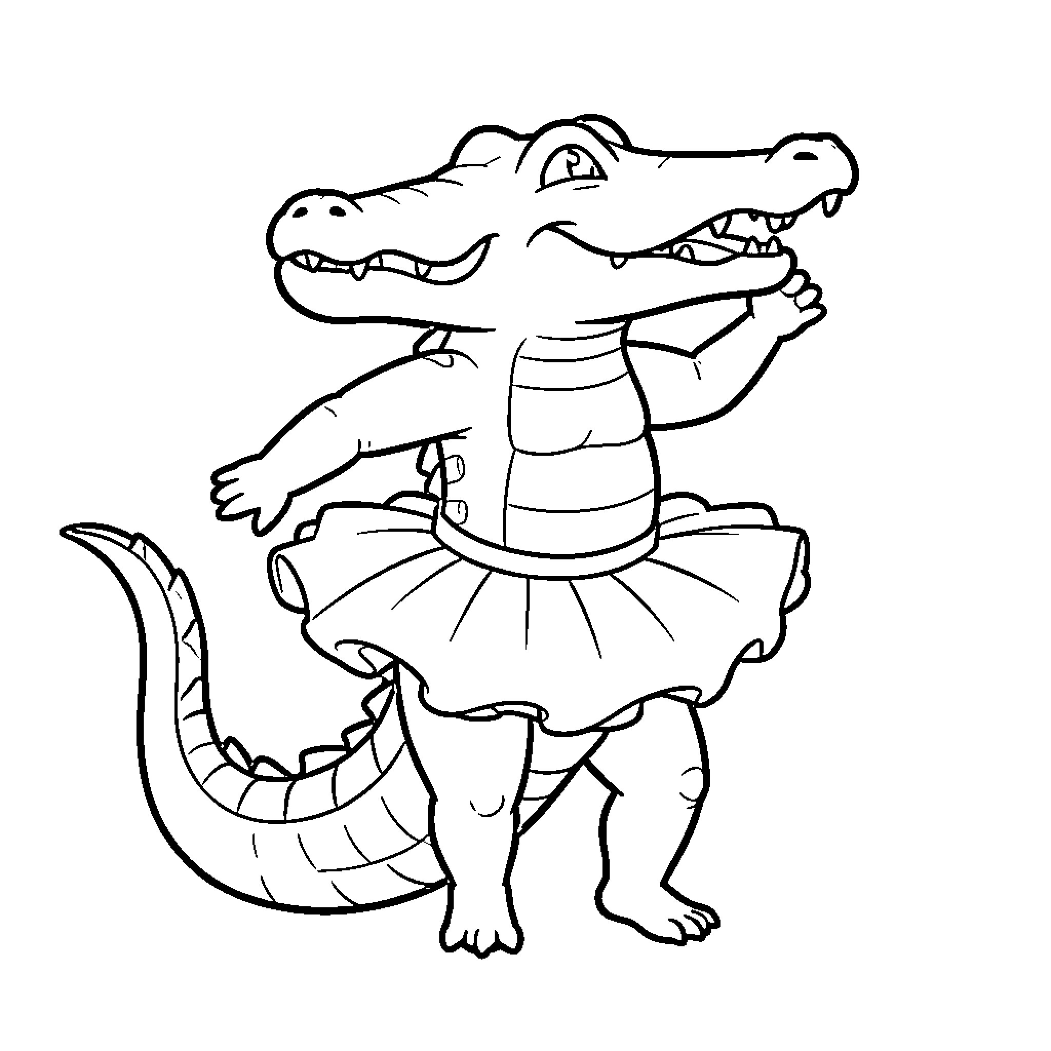 Alligator wearing a tutu and dancing happily Coloring Page (free black-and-white line drawing printable PDF for all, from beginners to advanced learners, including children, teens, adults, and seniors)