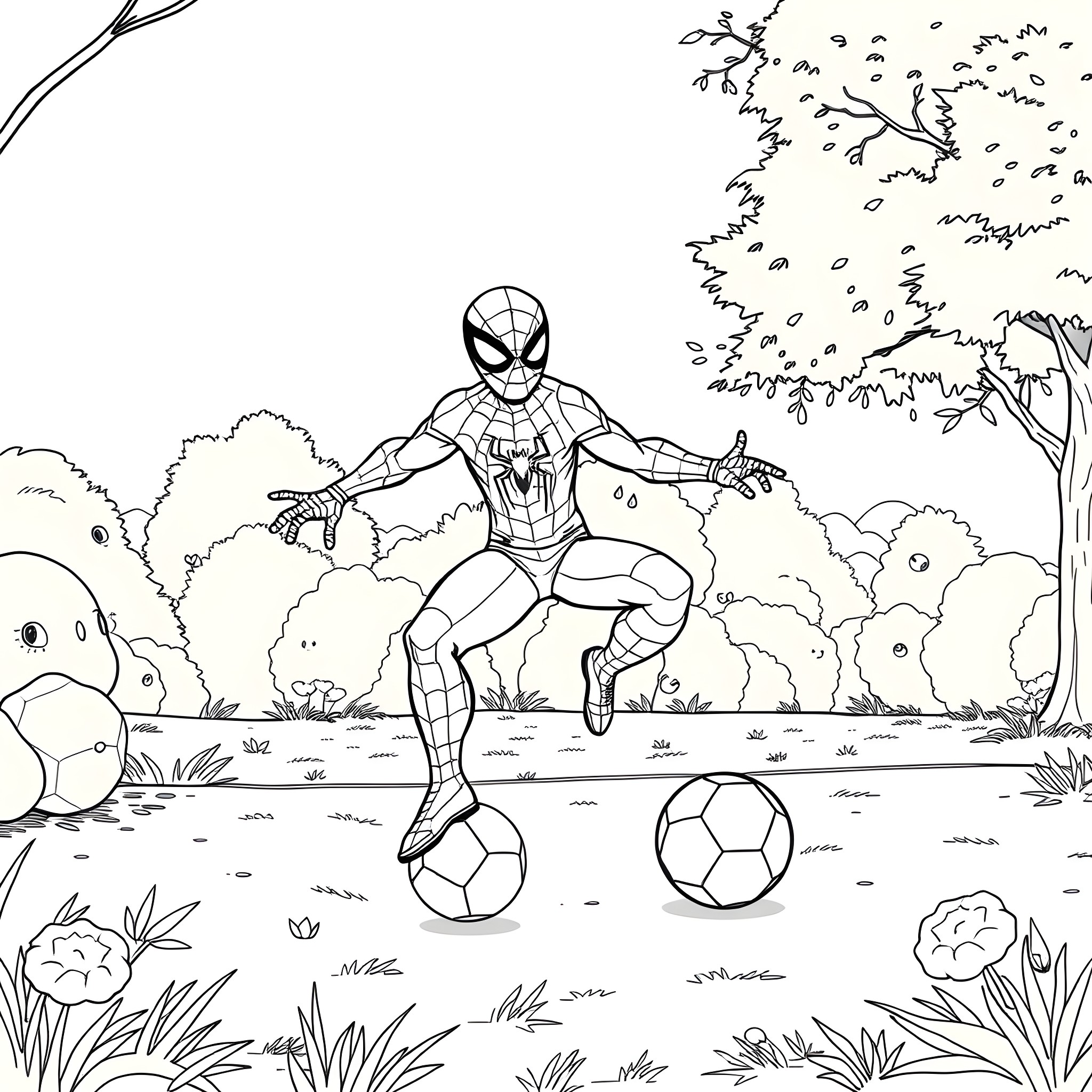 Spidey playing soccer in the park Coloring Page (free black-and-white line drawing printable PDF for all, from beginners to advanced learners, including children, teens, adults, and seniors)