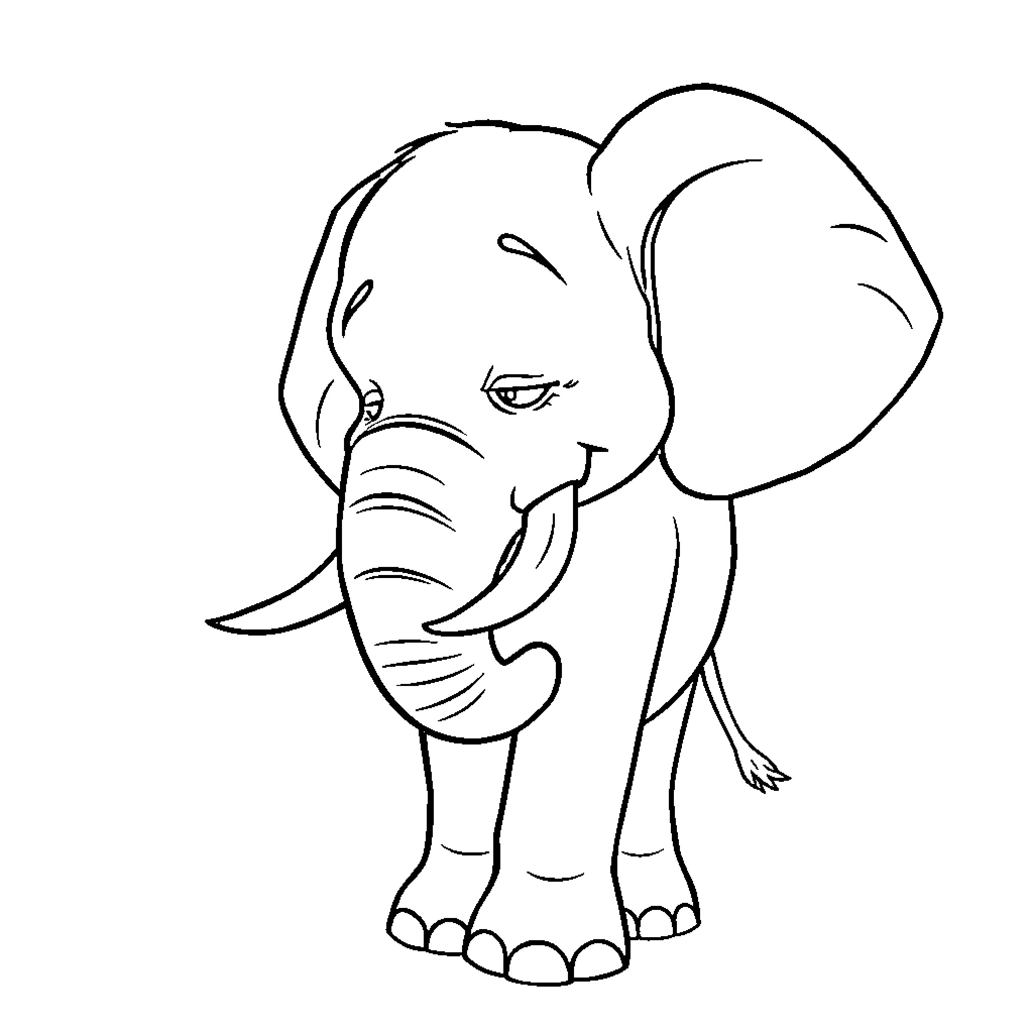 Elephant standing with a thoughtful expression Coloring Page (free black-and-white line drawing printable PDF for all, from beginners to advanced learners, including children, teens, adults, and seniors)