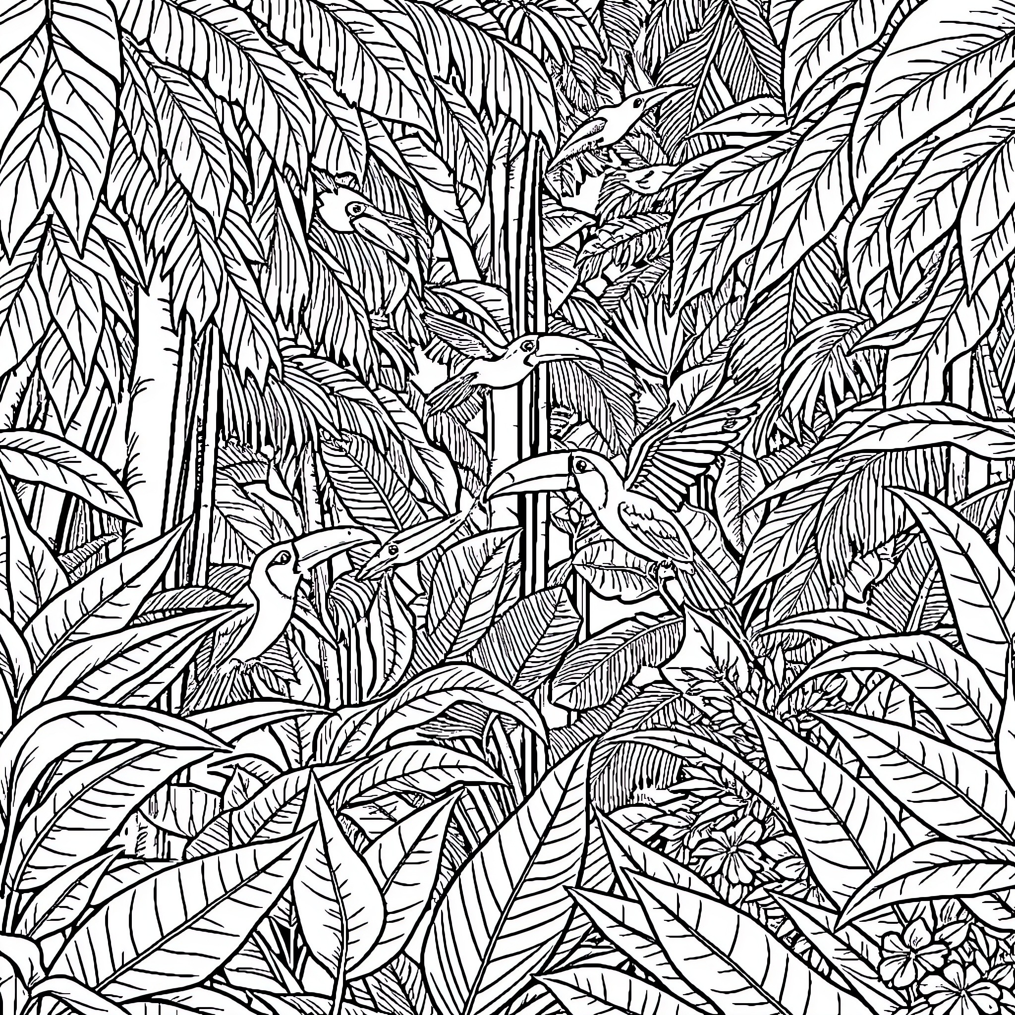 Birds soaring through the tropical foliage Coloring Page (free black-and-white line drawing printable PDF for all, from beginners to advanced learners, including children, teens, adults, and seniors)