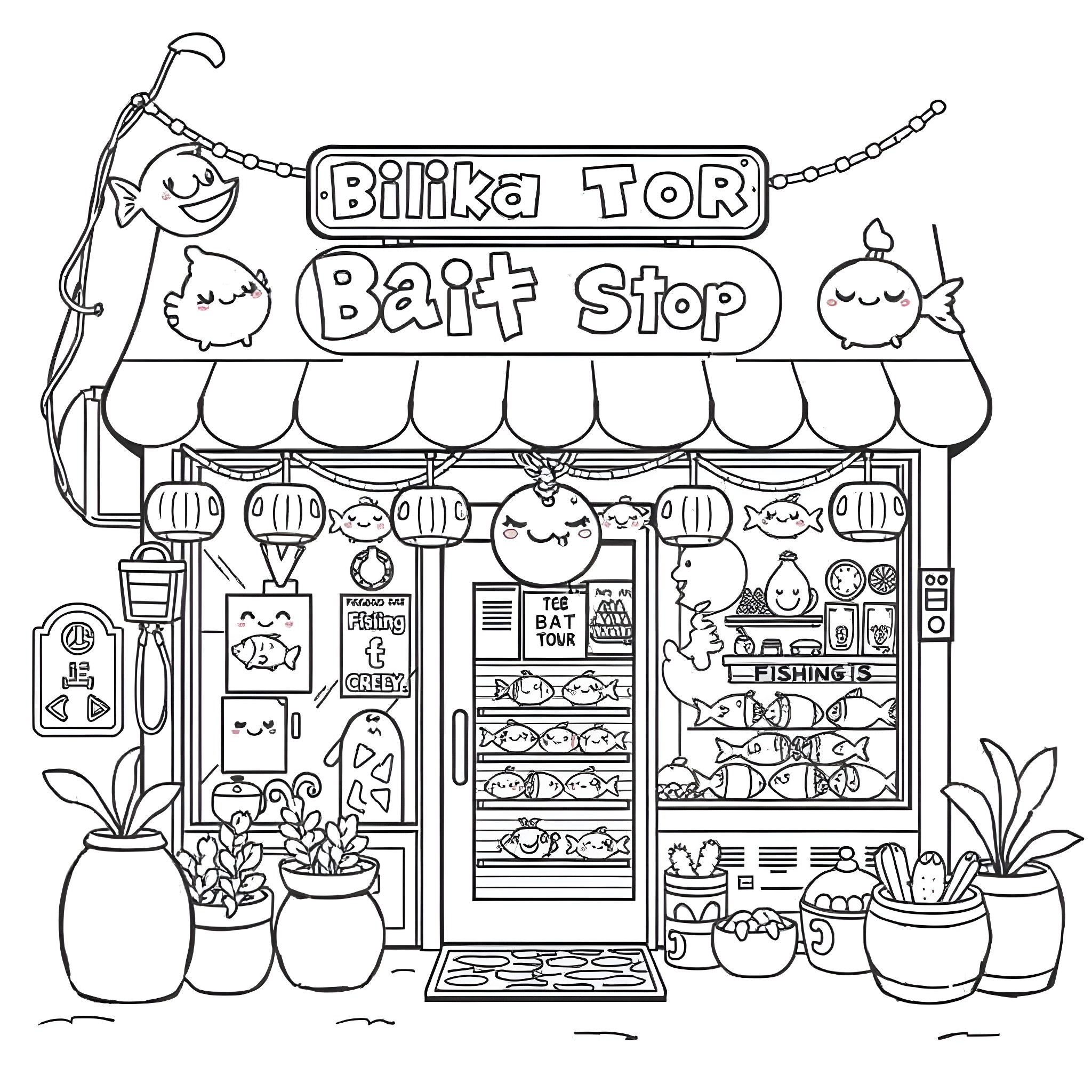 Fishing Bait Shop with Whimsical Characters Coloring Page (free black-and-white line drawing printable PDF for all, from beginners to advanced learners, including children, teens, adults, and seniors)