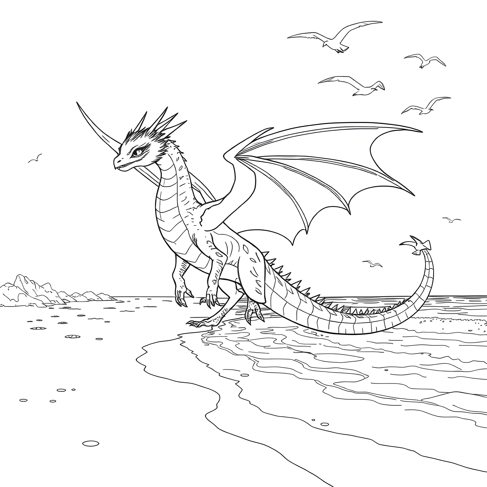 Dragon soaring gracefully over the ocean Coloring Page (free black-and-white line drawing printable PDF for all, from beginners to advanced learners, including children, teens, adults, and seniors)