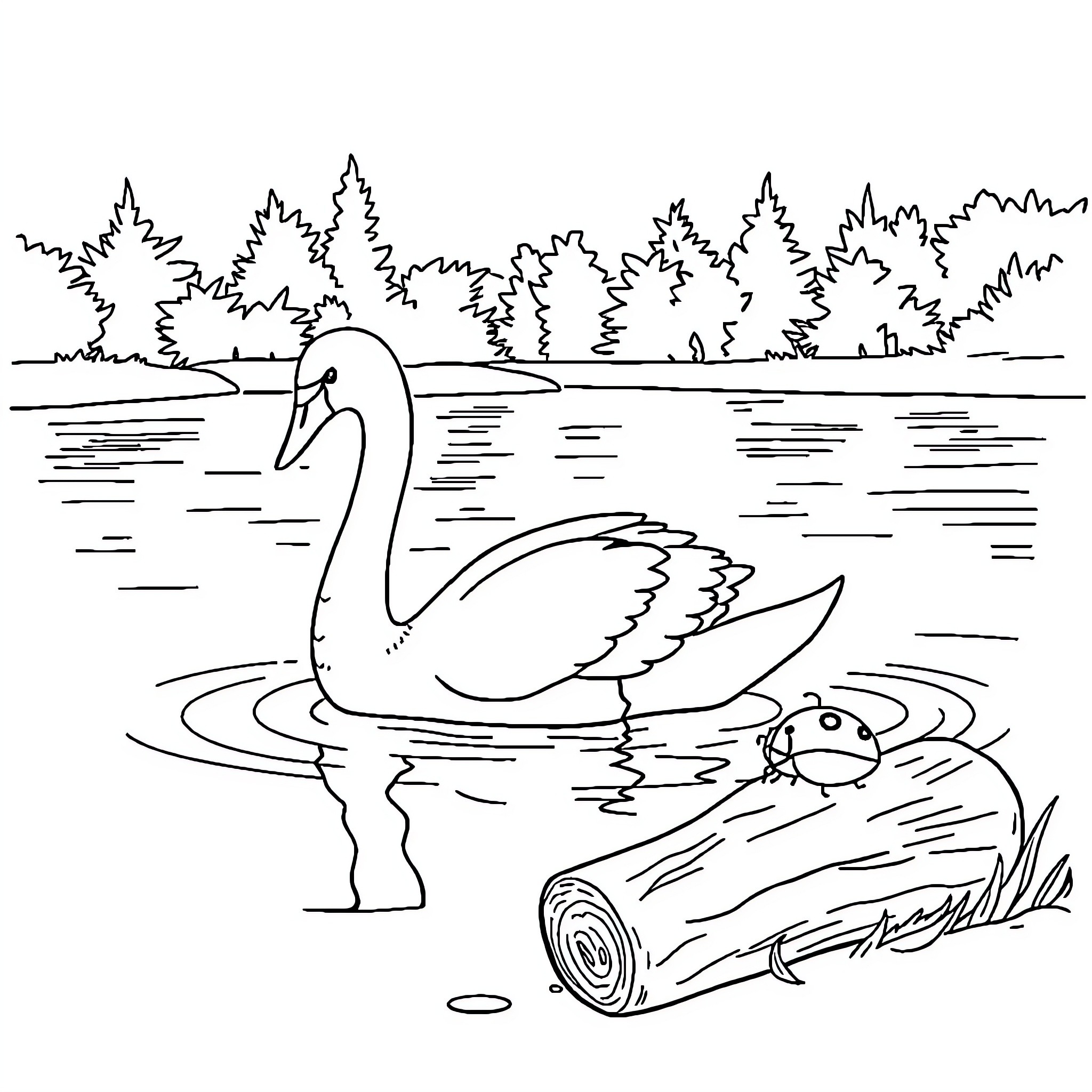 Swan swimming gracefully on the lake Coloring Page (free black-and-white line drawing printable PDF for all, from beginners to advanced learners, including children, teens, adults, and seniors)