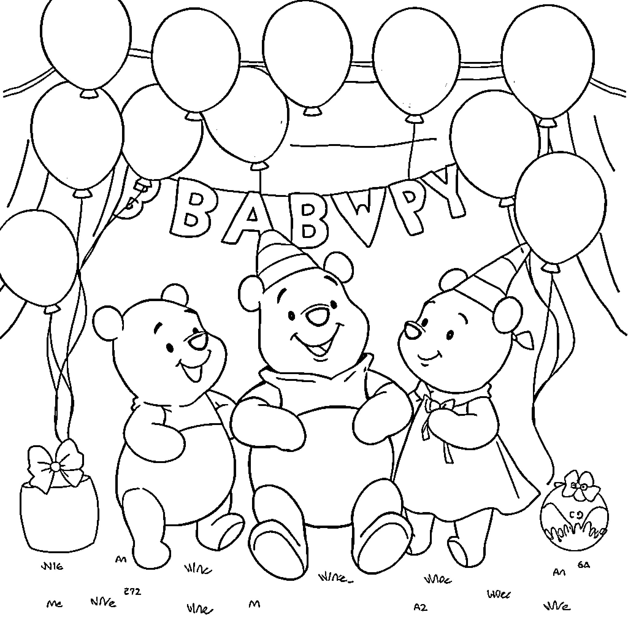 Winnie The Pooh Celebrating With Friends and Balloons Coloring Page (free black-and-white line drawing printable PDF for all, from beginners to advanced learners, including children, teens, adults, and seniors)