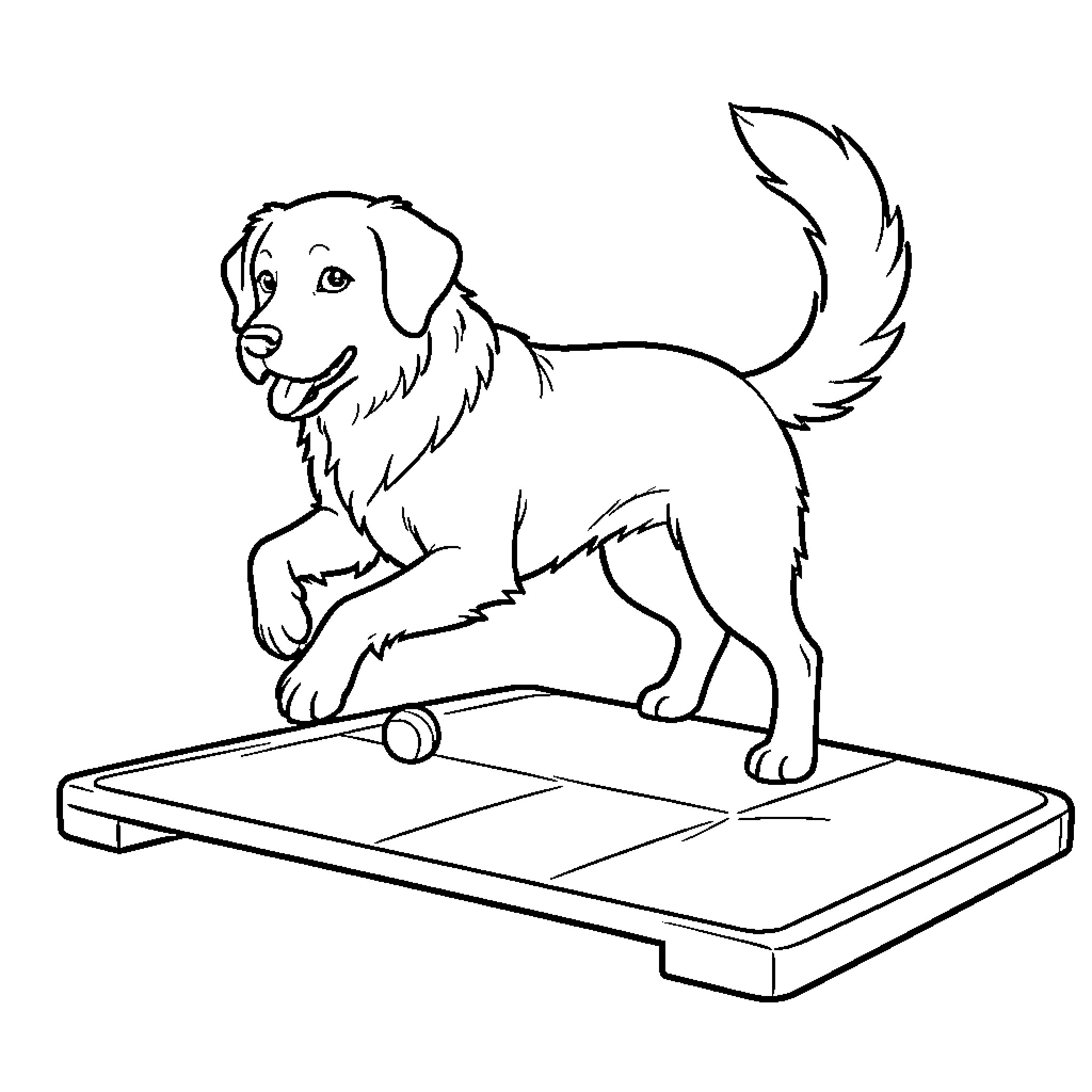 Dog running excitedly to catch a rolling ball Coloring Page (free black-and-white line drawing printable PDF for all, from beginners to advanced learners, including children, teens, adults, and seniors)