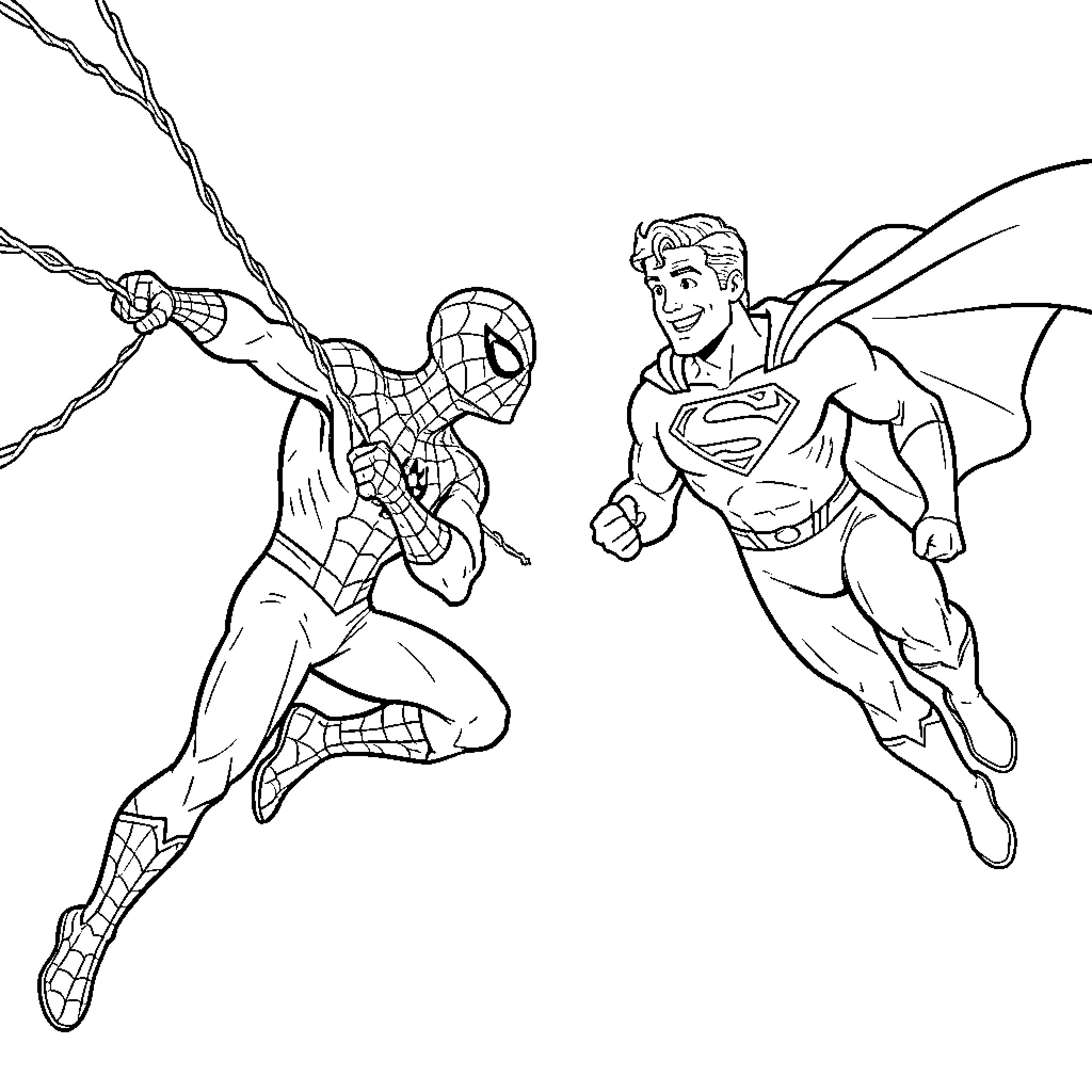 Spider-Man and Superman Facing Off Coloring Page (free black-and-white line drawing printable PDF for all, from beginners to advanced learners, including children, teens, adults, and seniors)
