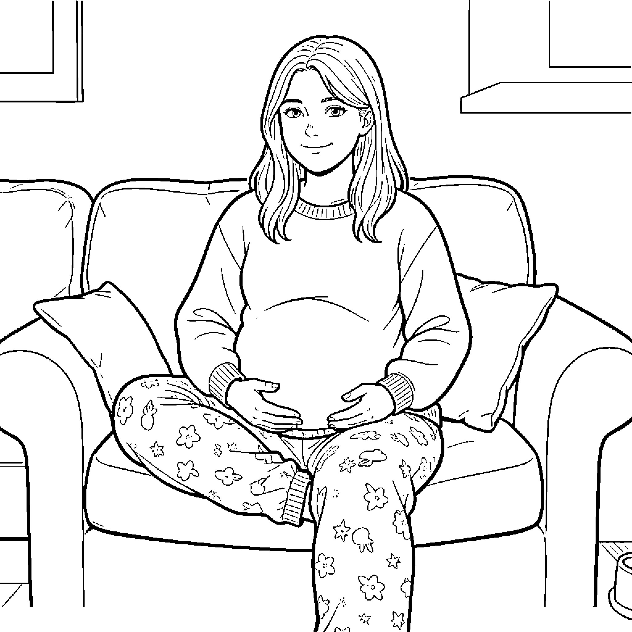 Teen relaxing comfortably in living room Coloring Page (free black-and-white line drawing printable PDF for all, from beginners to advanced learners, including children, teens, adults, and seniors)