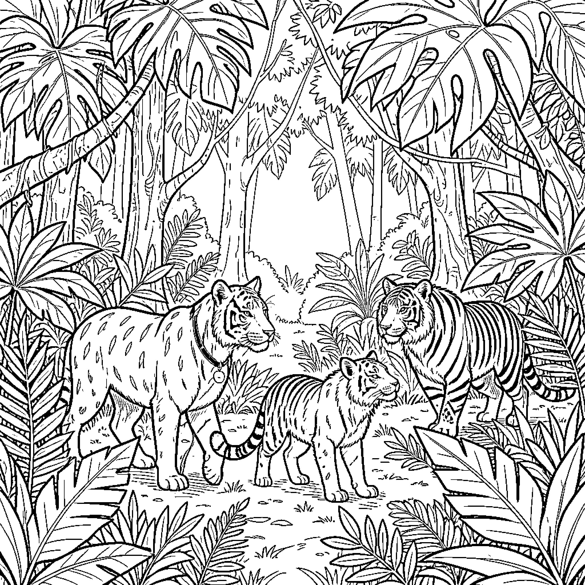 Animals exploring the tropical jungle Coloring Page (free black-and-white line drawing printable PDF for all, from beginners to advanced learners, including children, teens, adults, and seniors)