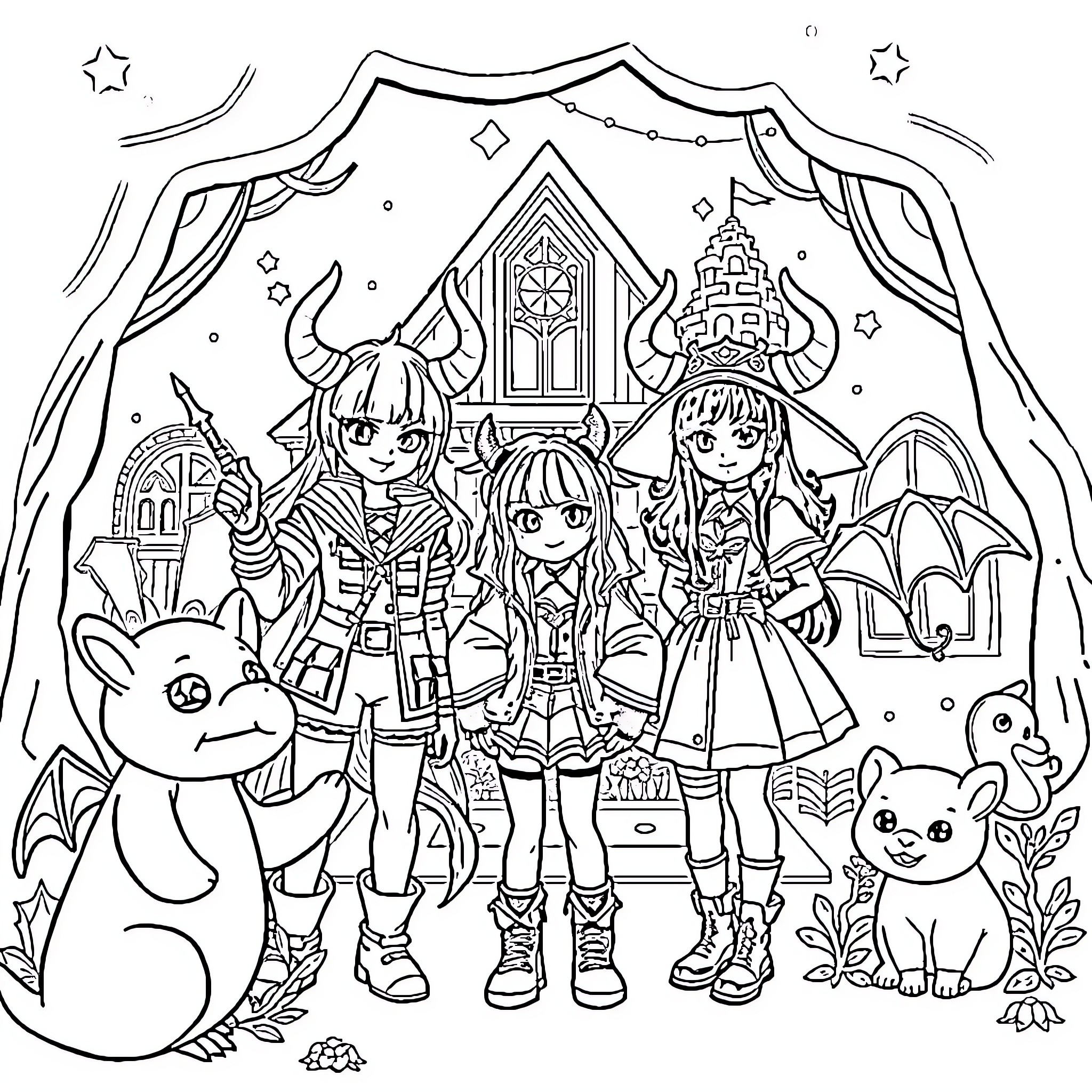 Kpop Demon Hunter Group Posing in Fantasy Castle Coloring Page (free black-and-white line drawing printable PDF for all, from beginners to advanced learners, including children, teens, adults, and seniors)