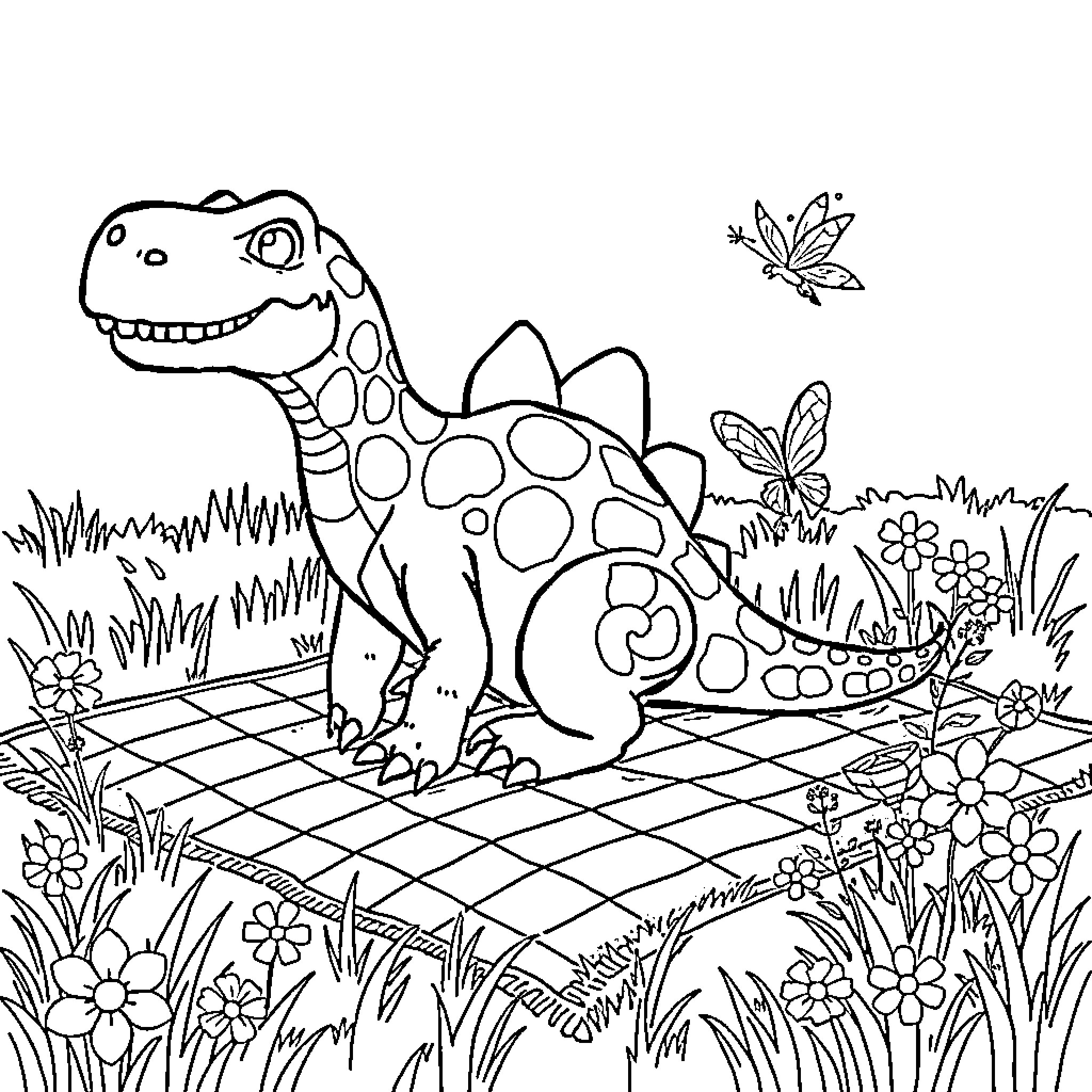 Dinosaur playing in a flowery meadow Coloring Page (free black-and-white line drawing printable PDF for all, from beginners to advanced learners, including children, teens, adults, and seniors)