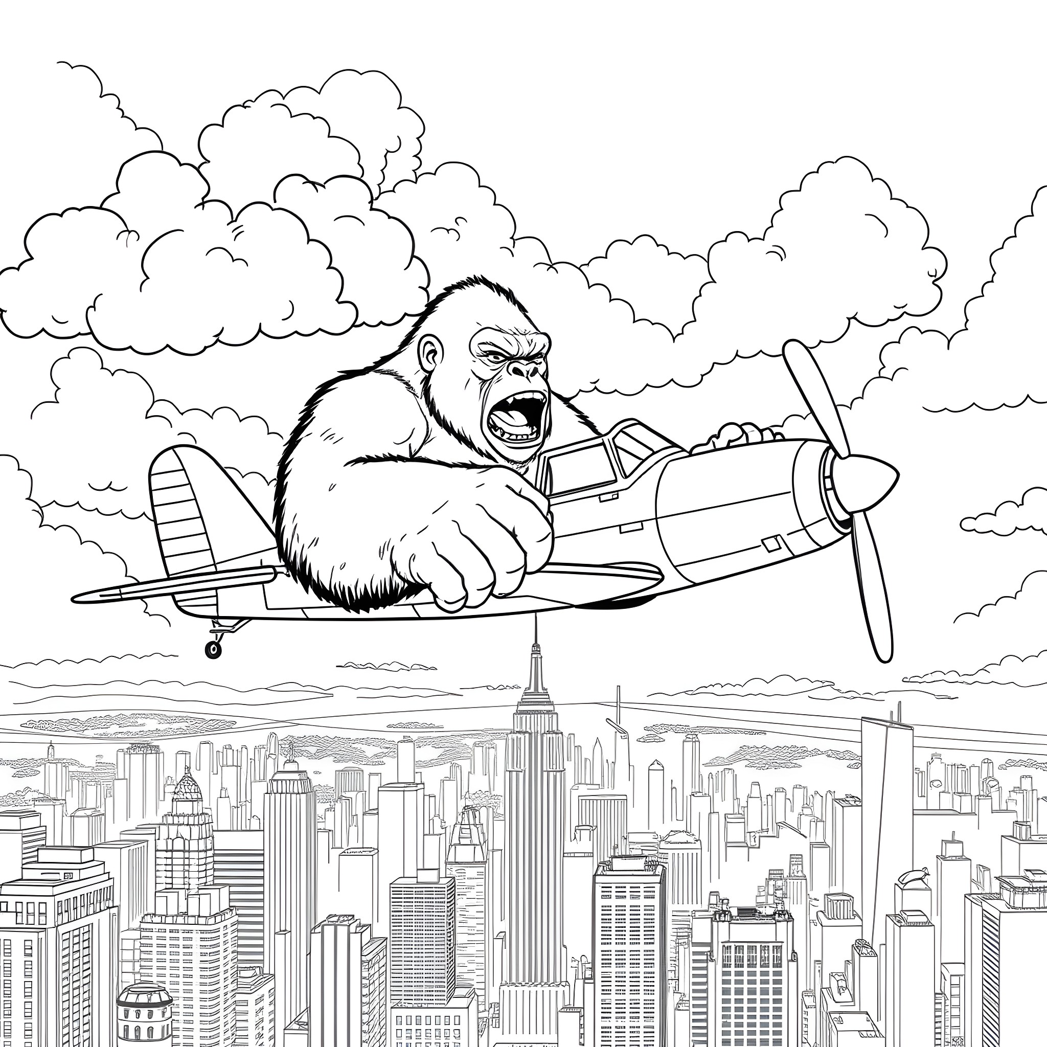 King Kong Flies a Plane over a Cityscape Coloring Page (free black-and-white line drawing printable PDF for all, from beginners to advanced learners, including children, teens, adults, and seniors)