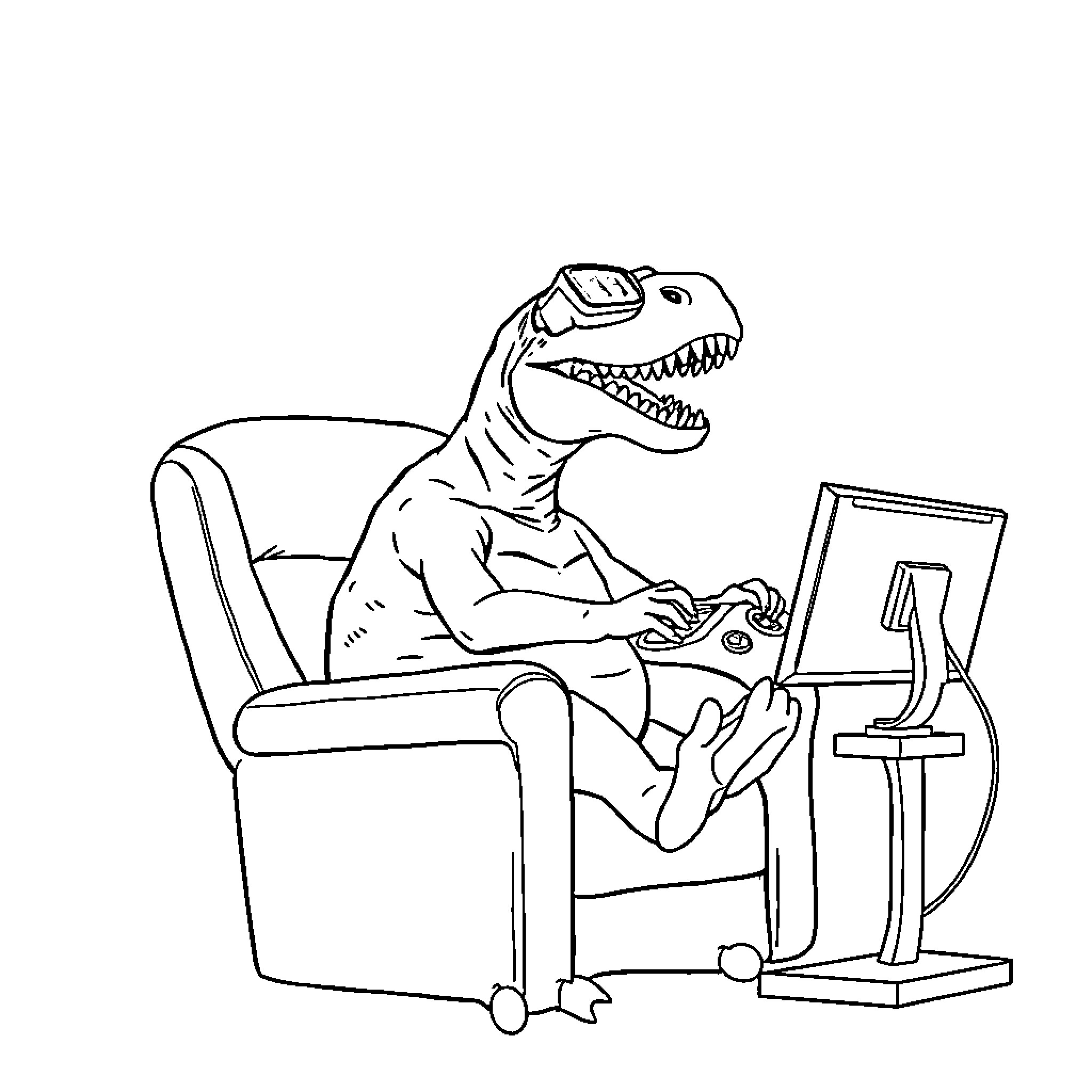 T-Rex playing video games in a recliner Coloring Page (free black-and-white line drawing printable PDF for all, from beginners to advanced learners, including children, teens, adults, and seniors)