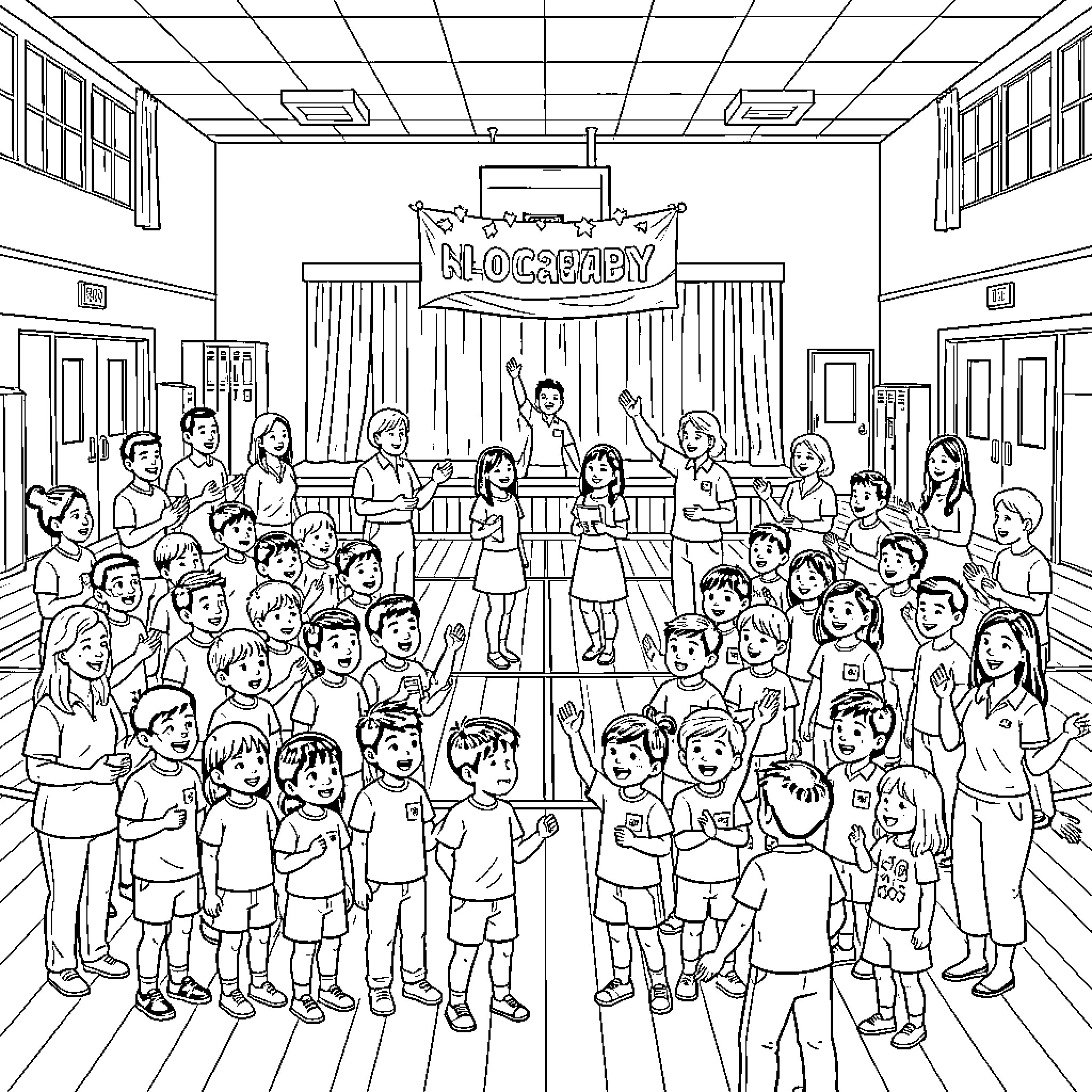 Ceremony of students celebrating vocabulary success on stage Coloring Page (free black-and-white line drawing printable PDF for all, from beginners to advanced learners, including children, teens, adults, and seniors)