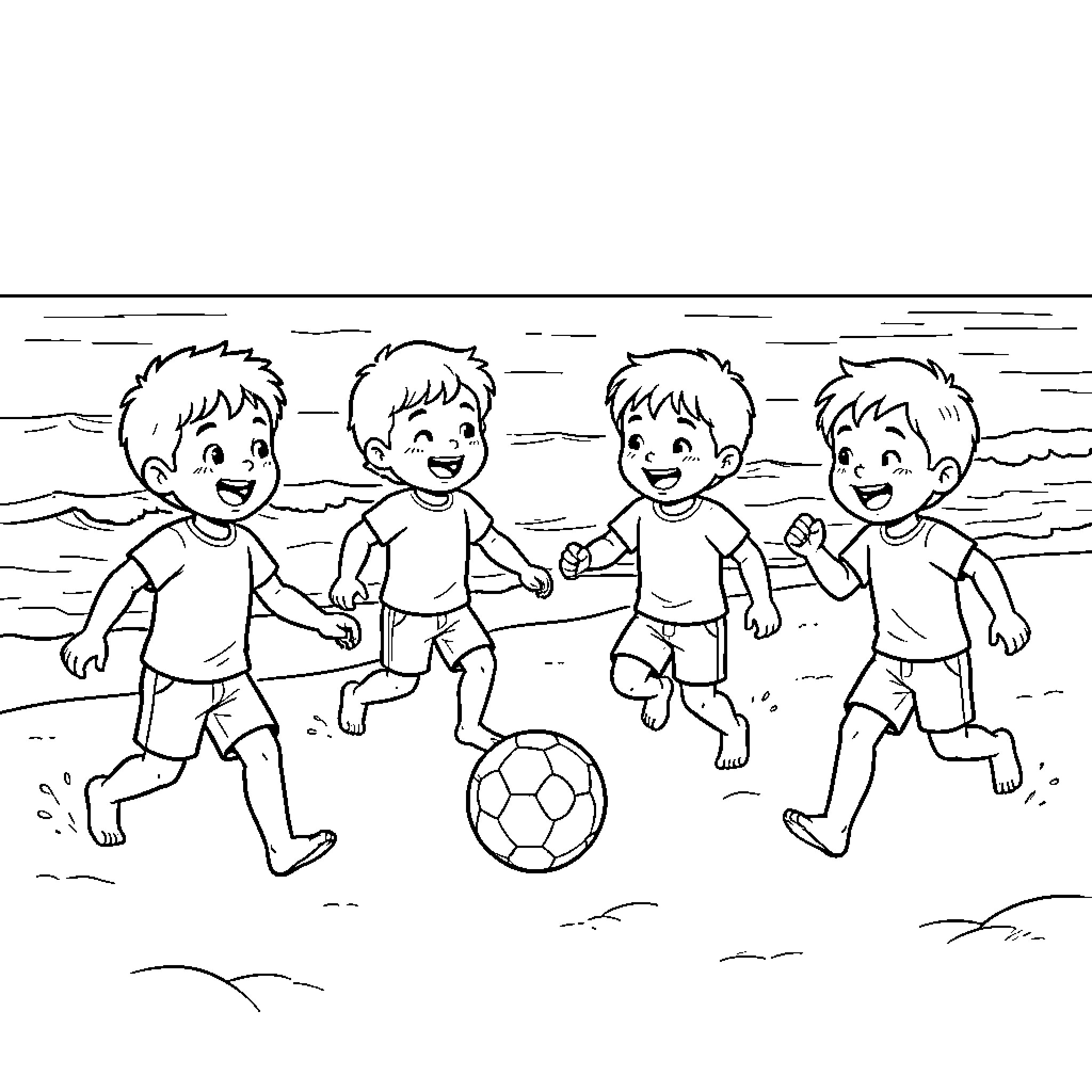 Niño playing soccer with friends on the beach Coloring Page (free black-and-white line drawing printable PDF for all, from beginners to advanced learners, including children, teens, adults, and seniors)