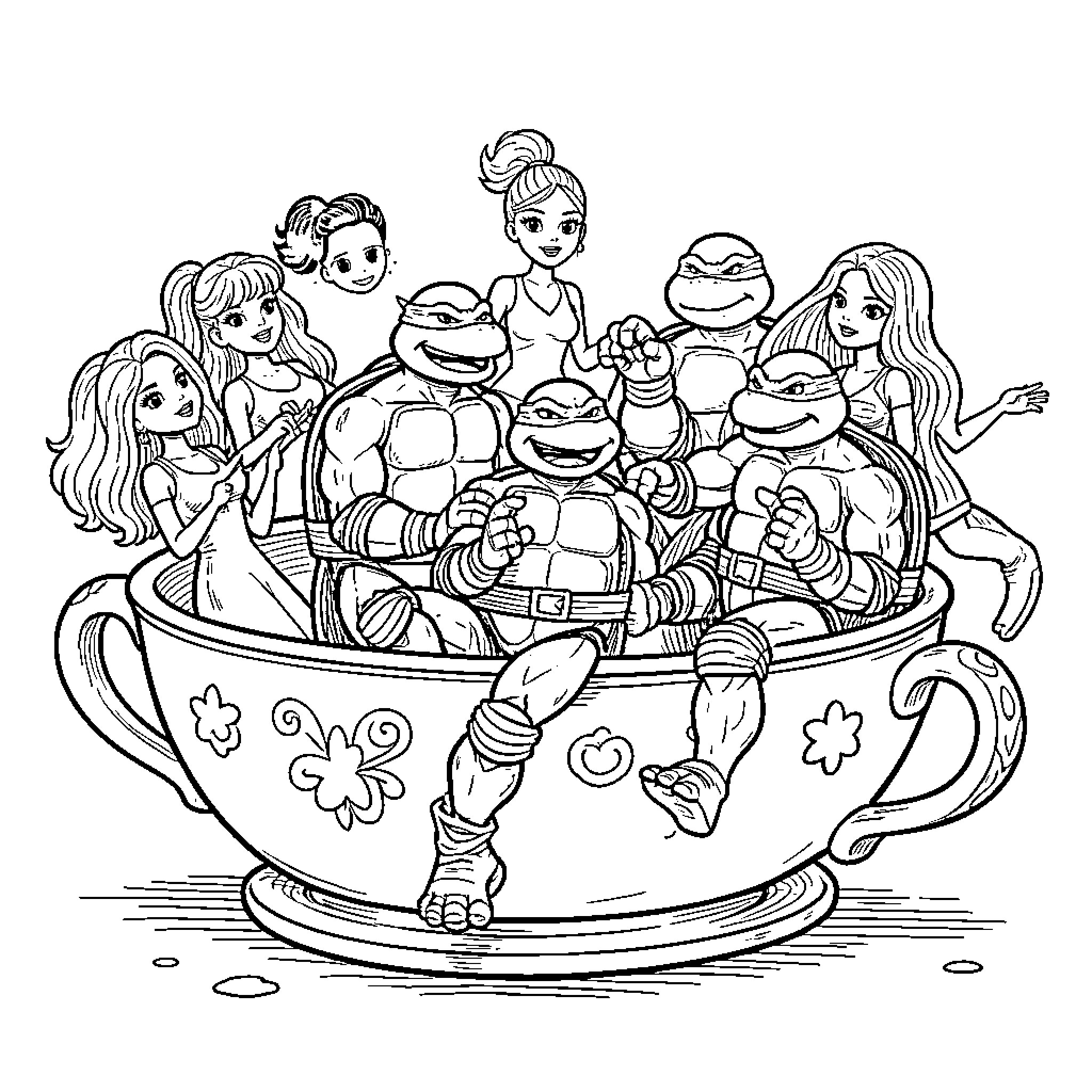 Ninja Turtles and Friends Explore the Whimsical Tea Cup Coloring Page (free black-and-white line drawing printable PDF for all, from beginners to advanced learners, including children, teens, adults, and seniors)
