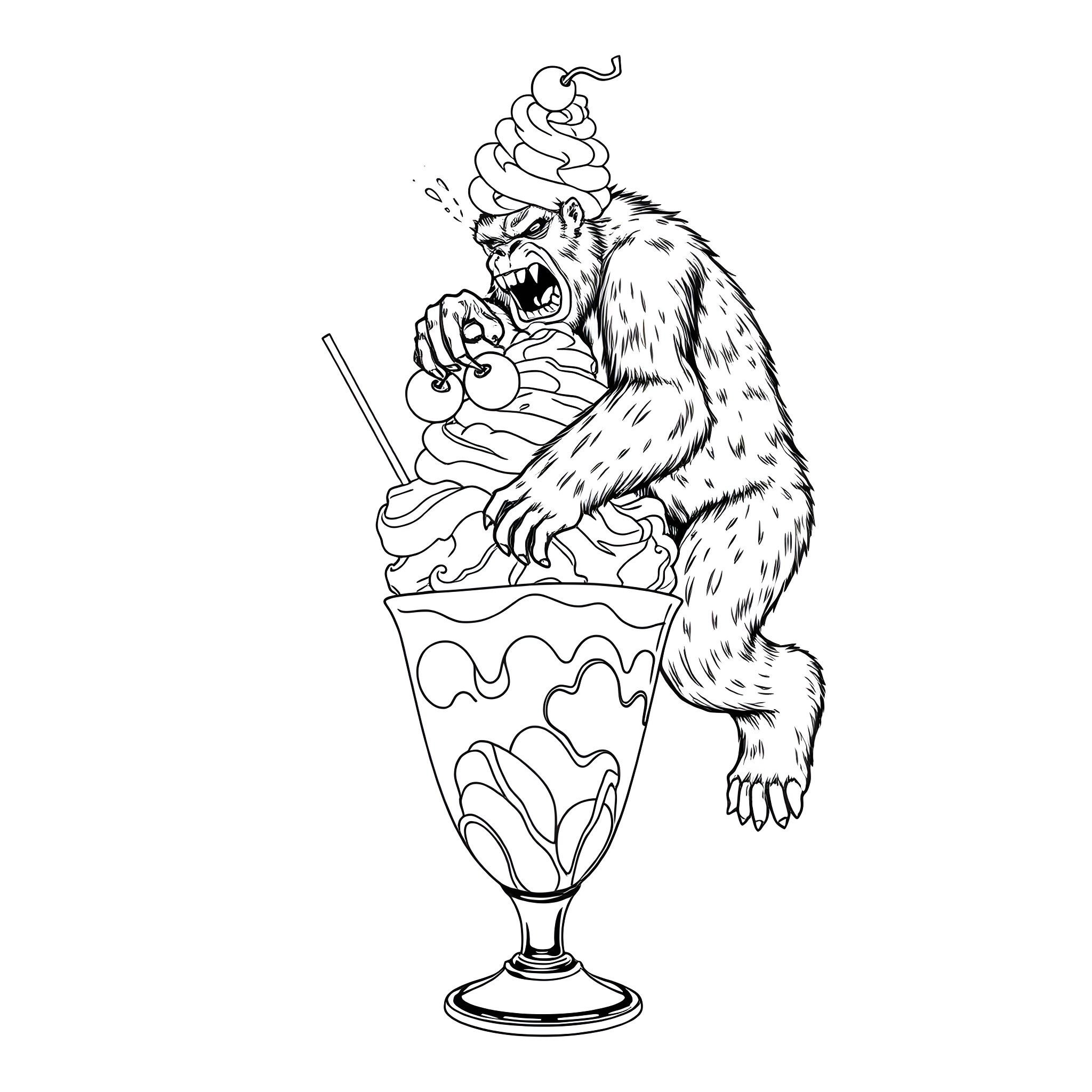 Bigfoot enjoying a delicious ice cream sundae Coloring Page (free black-and-white line drawing printable PDF for all, from beginners to advanced learners, including children, teens, adults, and seniors)