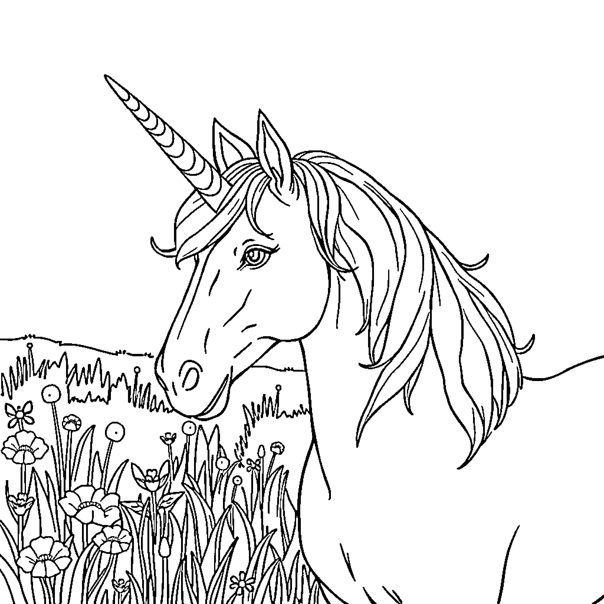 Unicorn enjoying the meadow with flowers Coloring Page (free black-and-white line drawing printable PDF for all, from beginners to advanced learners, including children, teens, adults, and seniors)