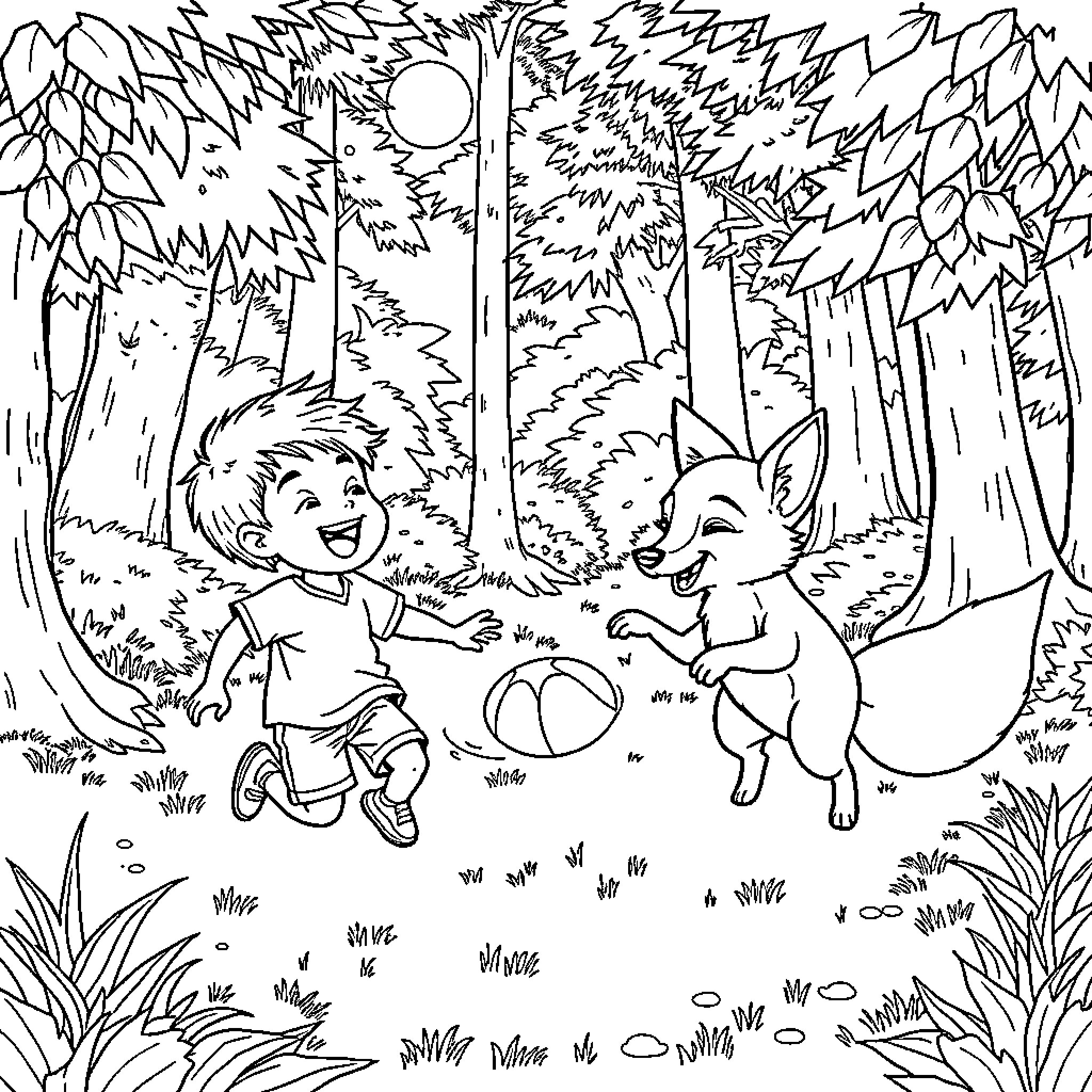 Boy playing happily with his pet in the forest Coloring Page (free black-and-white line drawing printable PDF for all, from beginners to advanced learners, including children, teens, adults, and seniors)
